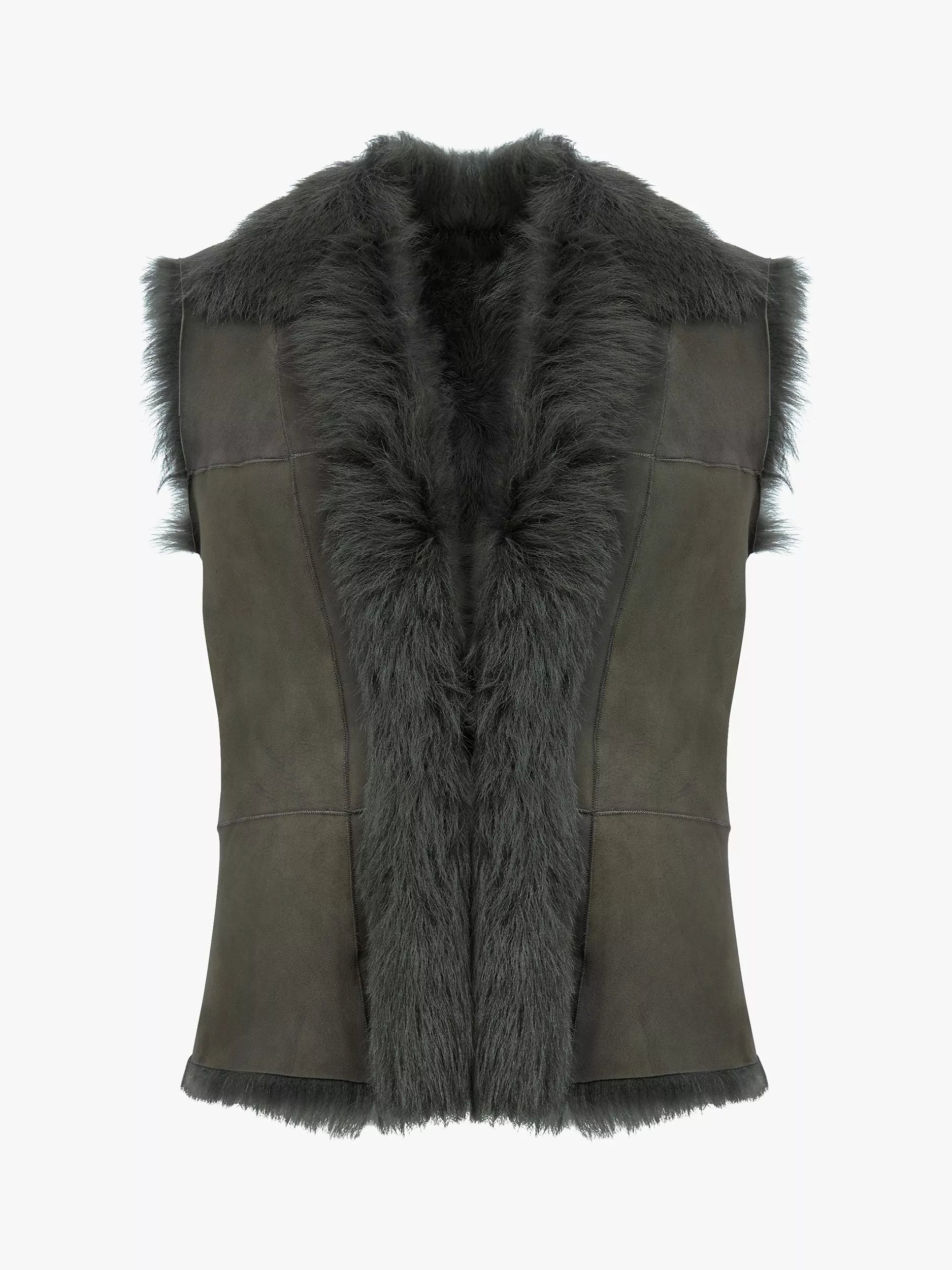The Campbells of Beauly Sheepskin Reversible Gilet in olive is a sleeveless piece featuring wide, fluffy Toscana fleece trim along the collar, front opening, and hem, shown against a plain white background.