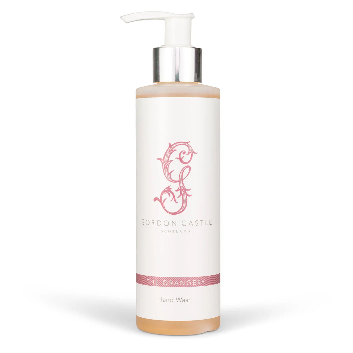 A tall Gordon Castle Orangery Hand Wash bottle with a pump and a white label adorned with pink decorative accents.