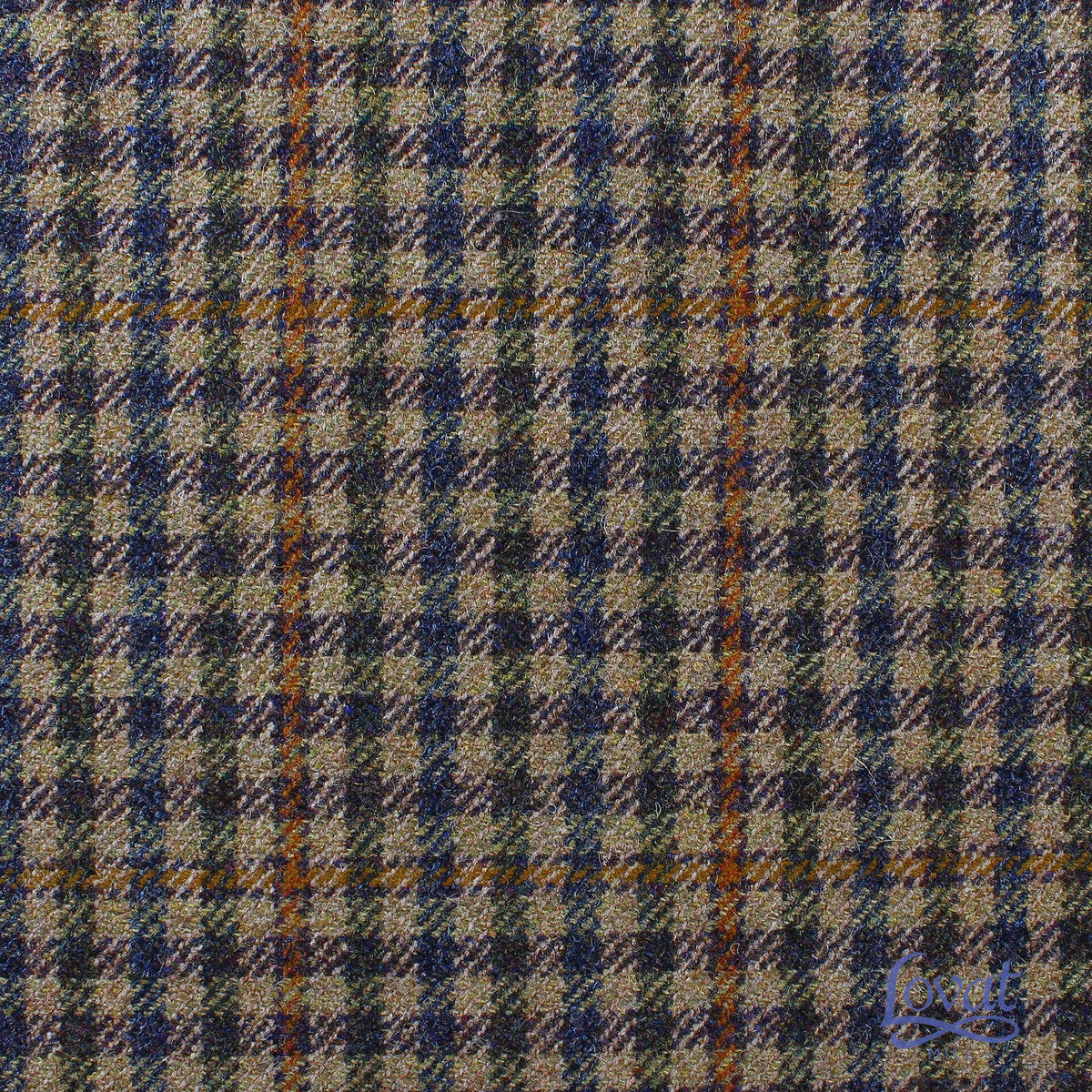 Lovat Mill Estate Tweed 001 in a heavyweight tan, navy blue, and orange plaid pattern.