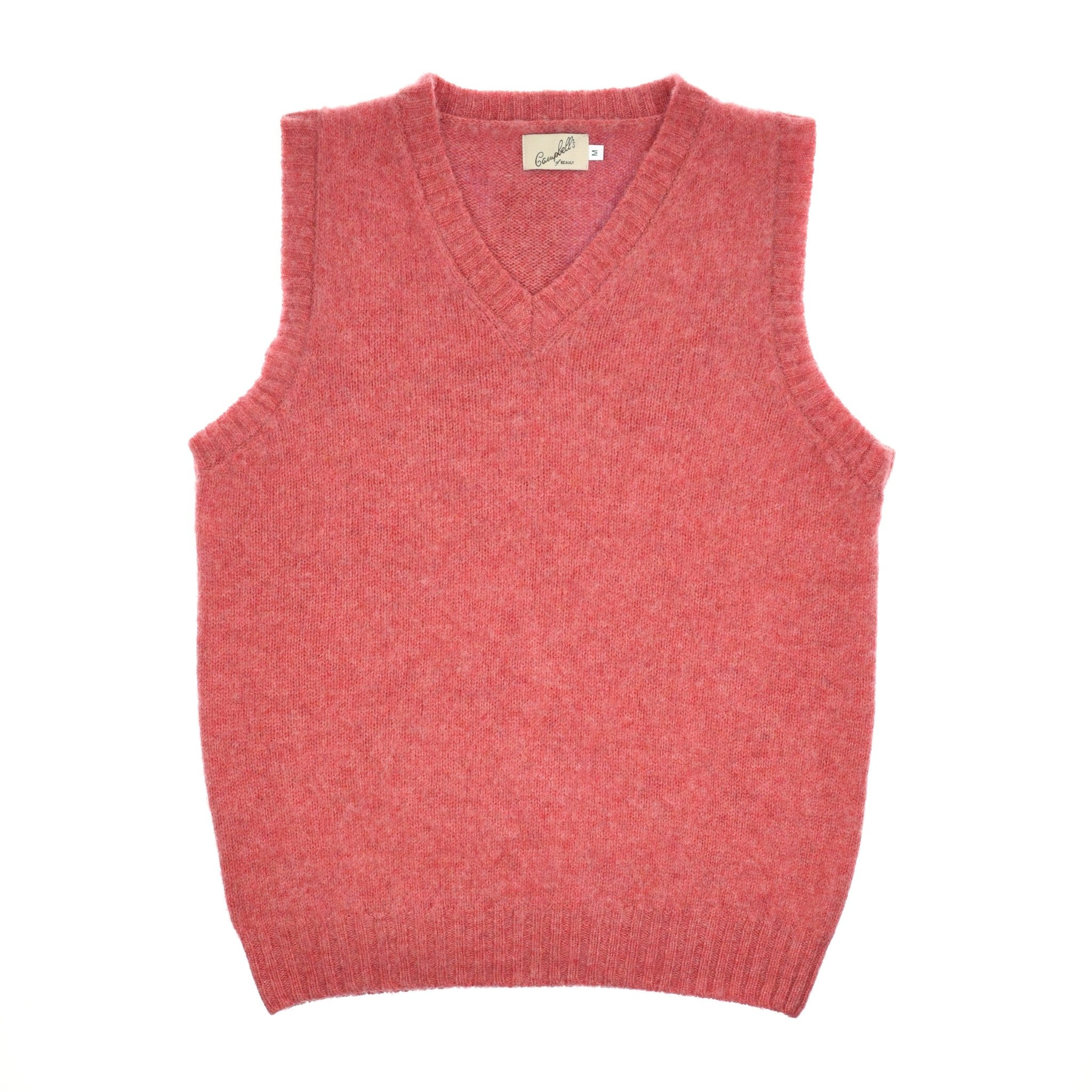 The Campbells of Beauly Shetland Slipover in Nantucket is a sleeveless V-neck knit sweater vest with a classic silhouette, shown laid flat on white with a visible inner back neck label—a timeless wardrobe staple.