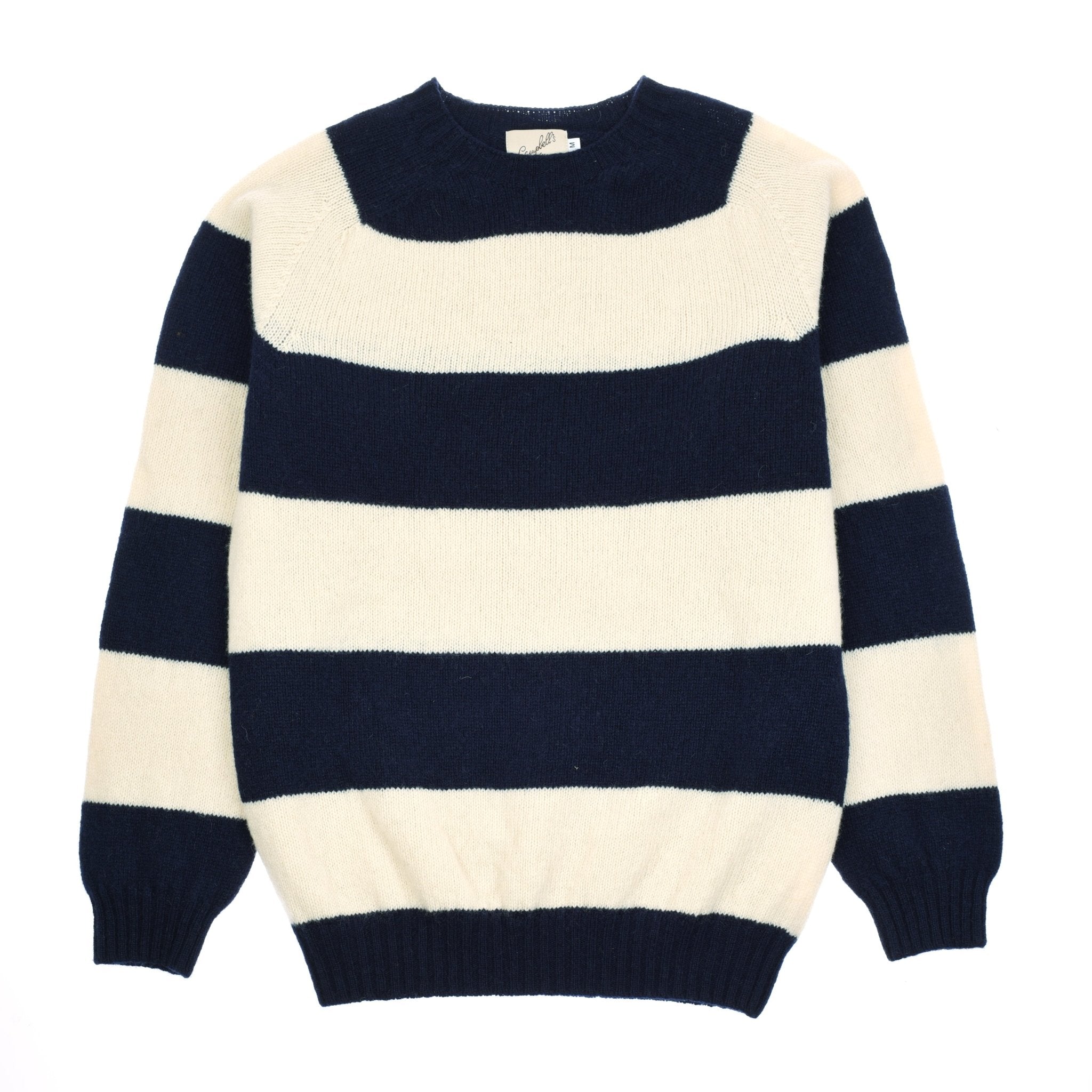 The Campbells of Beauly Shetland Stripe Crew Jumper in navy features a bold stripe design, classic crew neckline, and ribbed cuffs and hem.