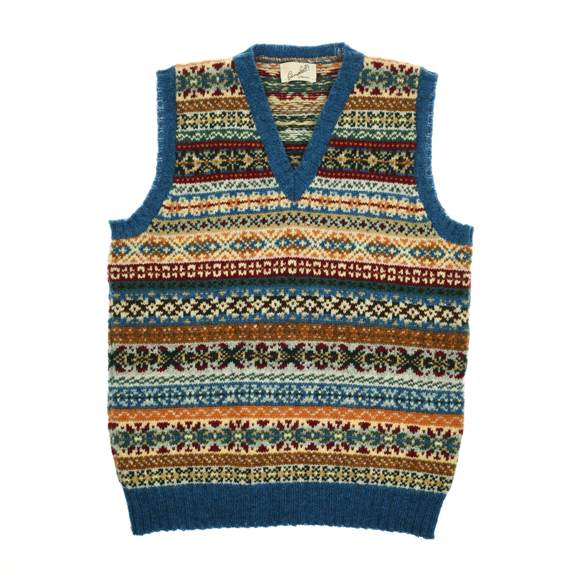 The Campbells of Beauly Fairisle Slipover is a traditional V-neck, sleeveless sweater vest in Shetland wool, featuring blue trim and colorful Fair Isle patterns in blue, red, yellow, green, and brown.