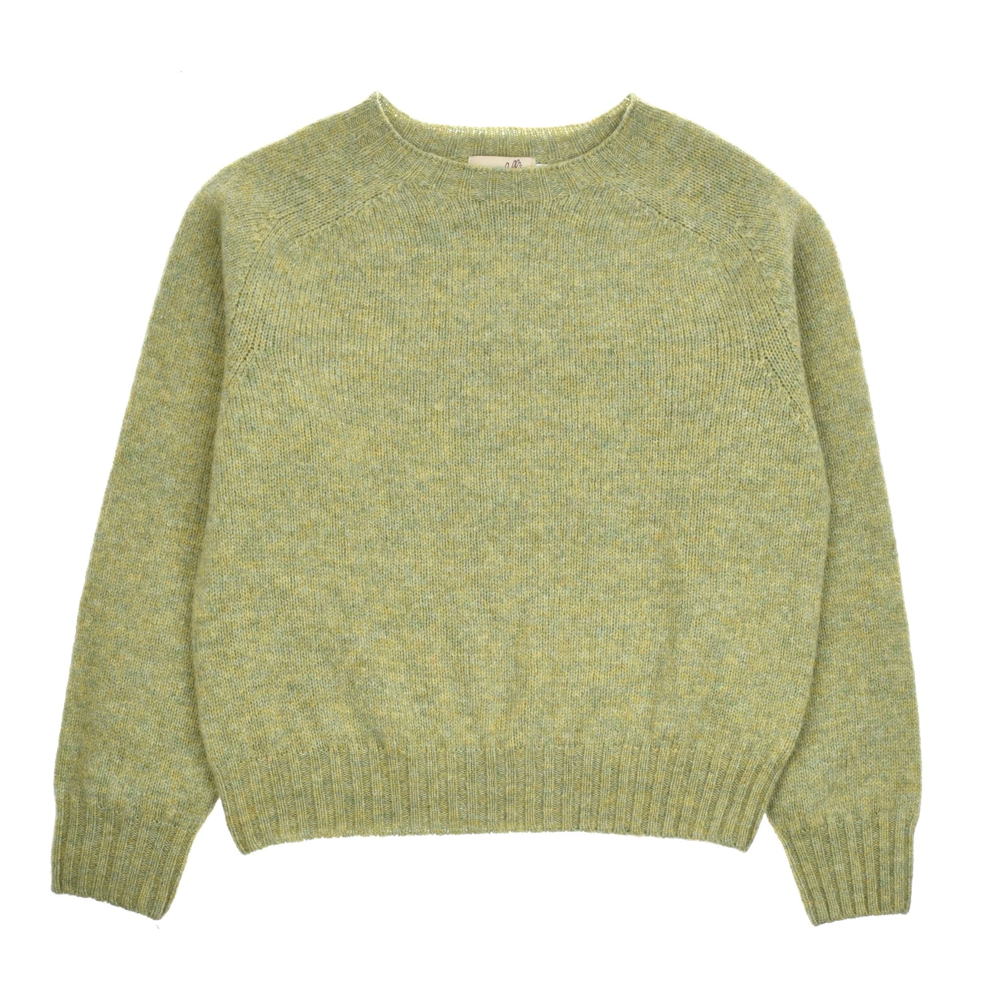 The Campbells of Beauly Cropped Shetland Jumper in Avocado features long sleeves and ribbed cuffs, hem, and collar. Crafted from soft Shetland lambswool yarns, it is shown laid flat against a white background.