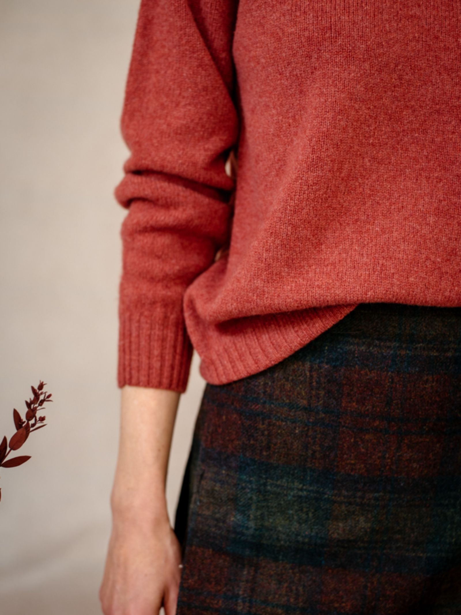 A person wears the Campbells of Beauly Geelong Lambswool Crew Neck Jumper in textured red with ribbed cuffs and a dark plaid skirt, standing against a neutral background. Only the torso and part of one arm are visible, with a small plant in the lower left corner.
