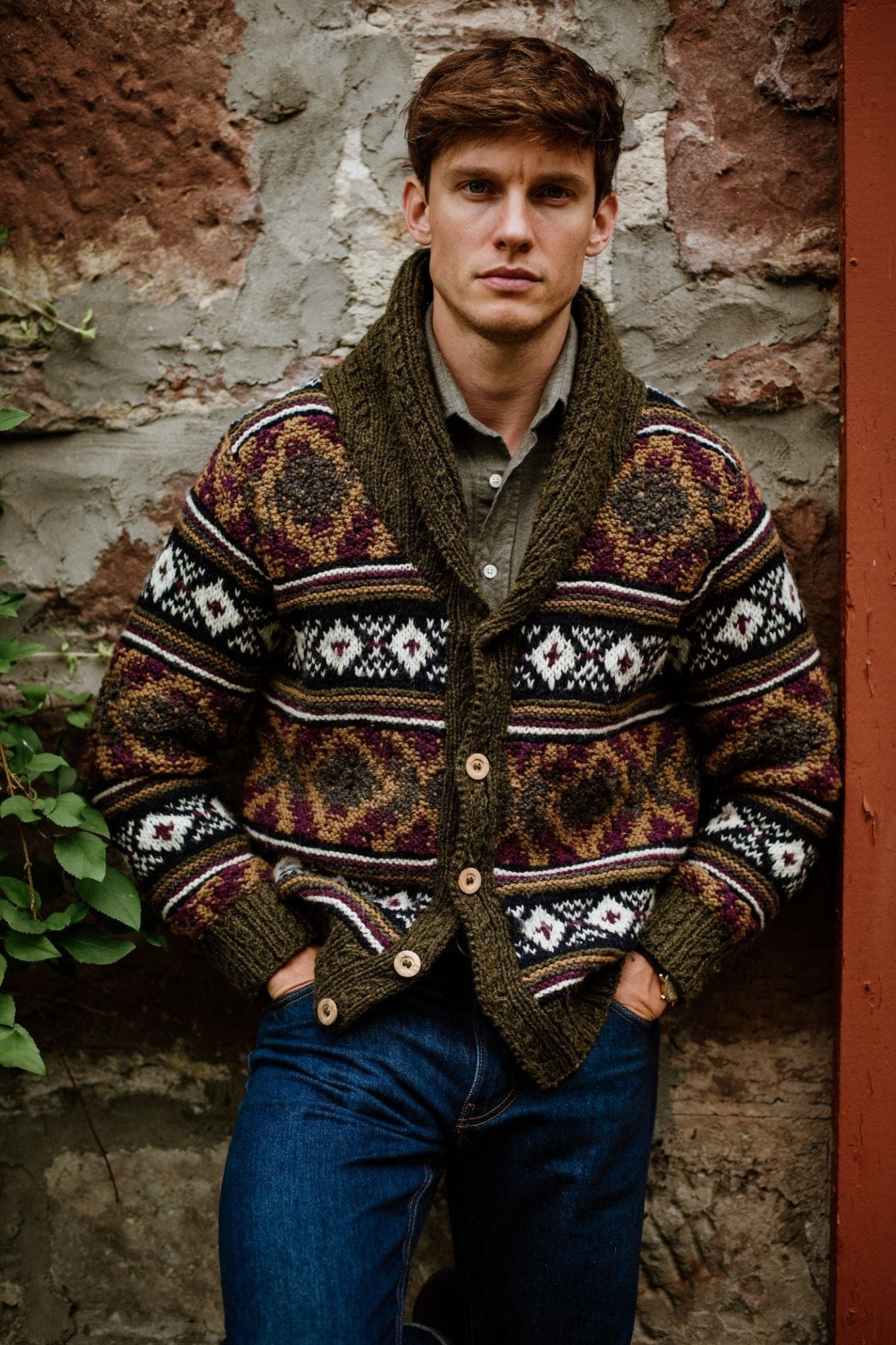 A man with short brown hair wears the Campbells of Beauly Navajo Shawl Collar Cardigan and blue jeans, standing against a textured stone wall with hands in his pockets, looking directly at the camera.