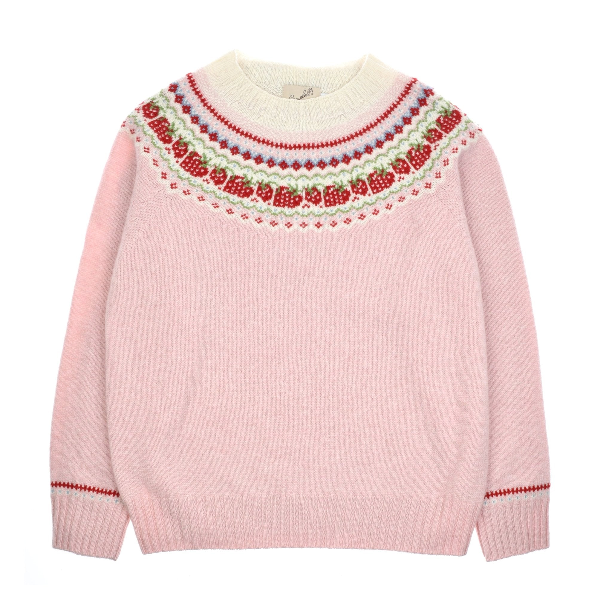 The Geelong Lambswool Strawberry Yoke Jumper by Campbells of Beauly in Rose features a colorful Fairisle yoke—ideal for bringing Aberdeenshire charm to your winter wardrobe.
