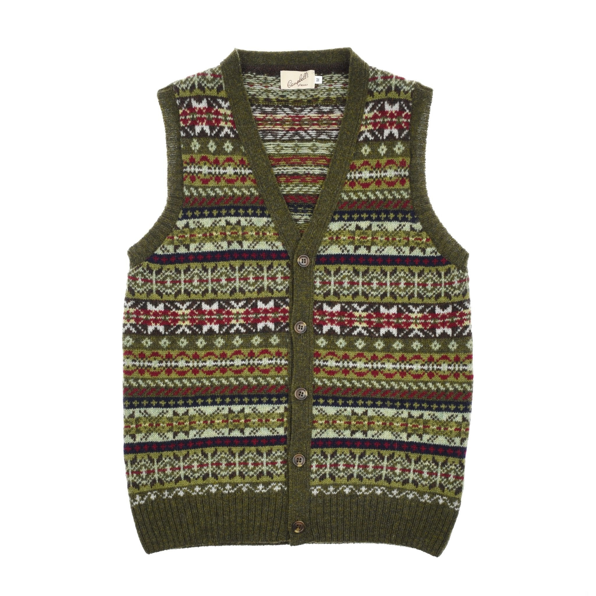 The Campbells of Beauly Fairisle V-Neck Waistcoat is a sleeveless Shetland wool knit in pine green, featuring a multicolored fairisle pattern and four front buttons for classic style.