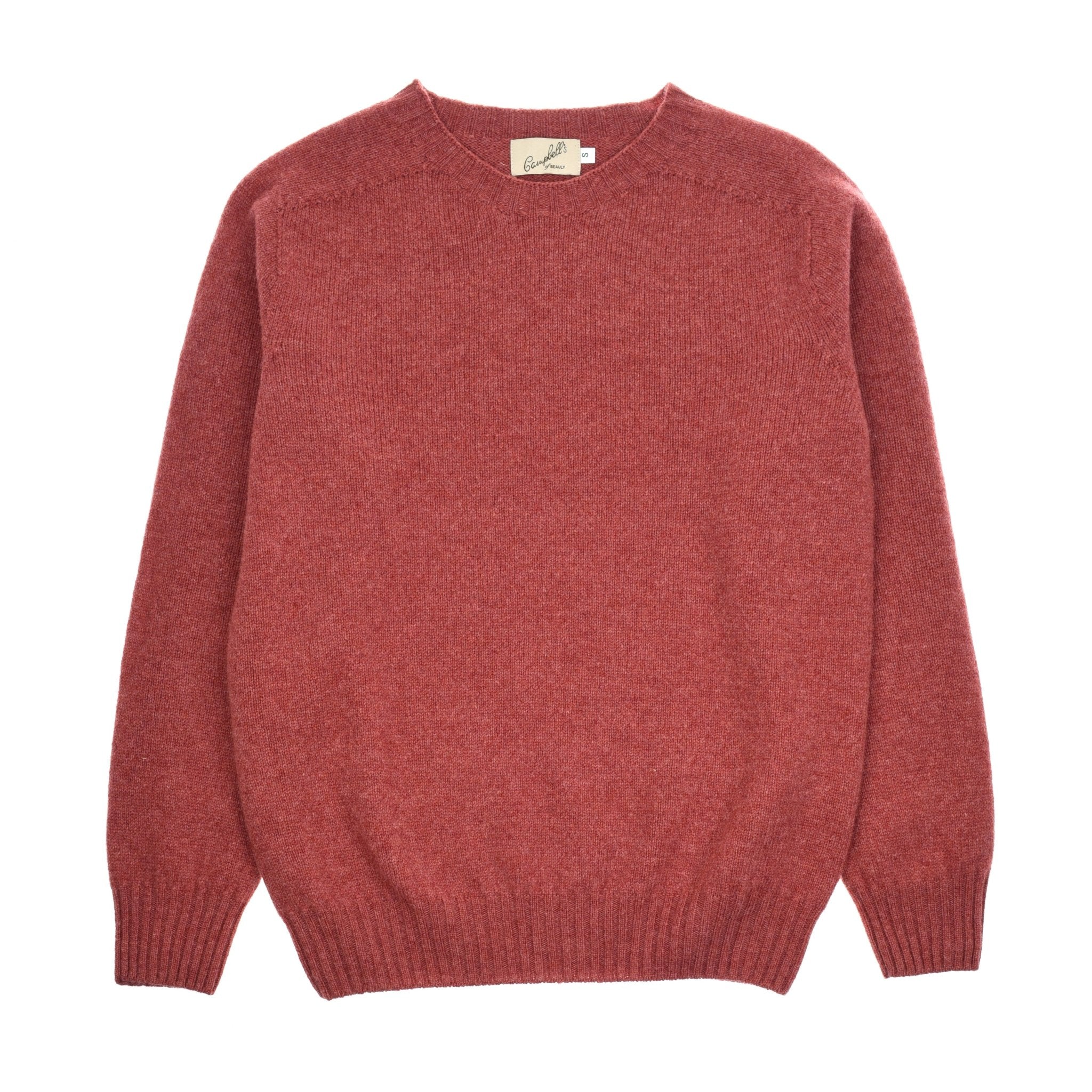 The Campbells of Beauly Geelong Lambswool Crew Neck Jumper in Rosewood is a soft, long-sleeve sweater shown laid flat on a white background.