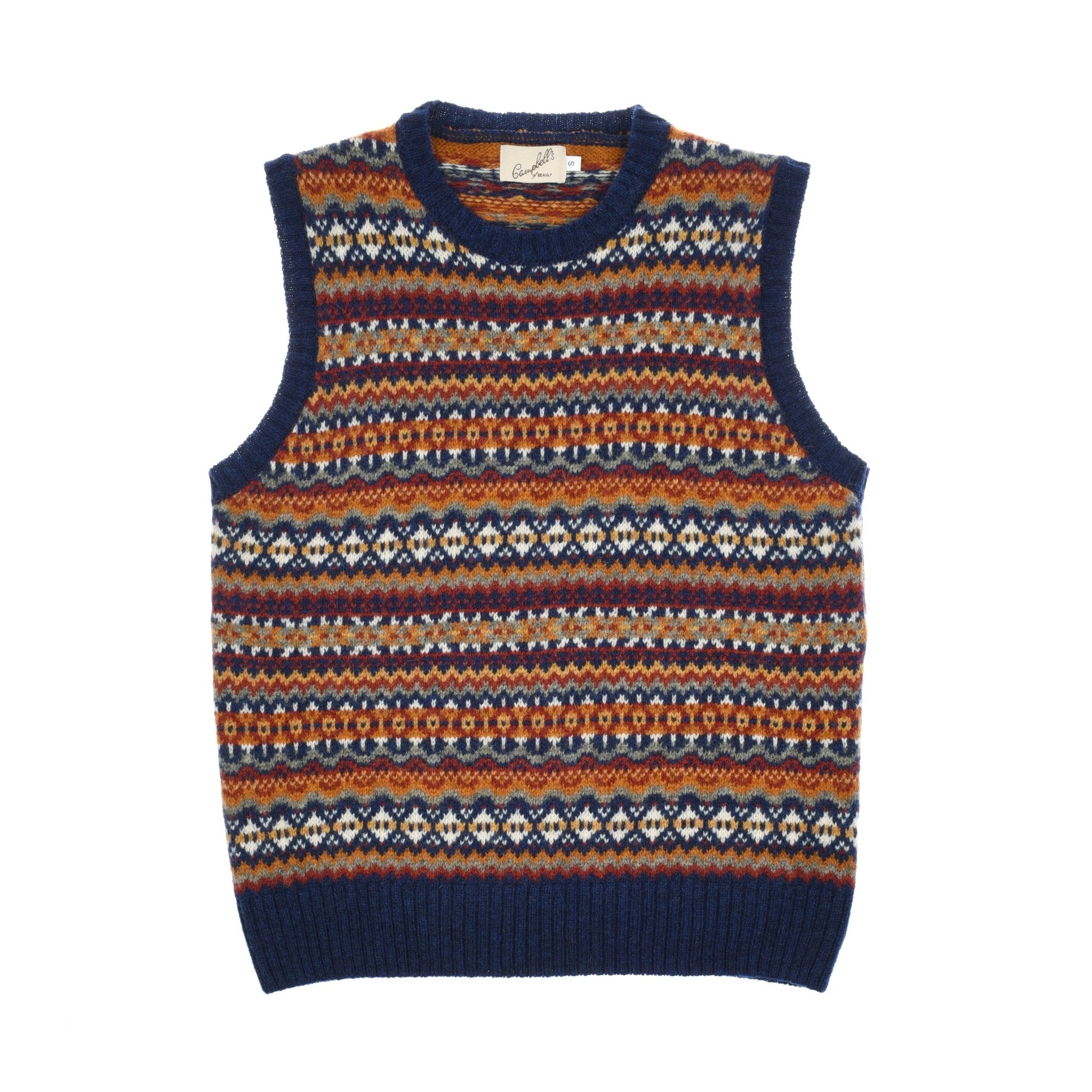 The Fairisle Crew Tank by Campbells of Beauly is a sleeveless knitted sweater vest in midnight with a traditional Fair Isle pattern. Crafted from soft Shetland wool, it has ribbed edges at the armholes, collar, and hem.