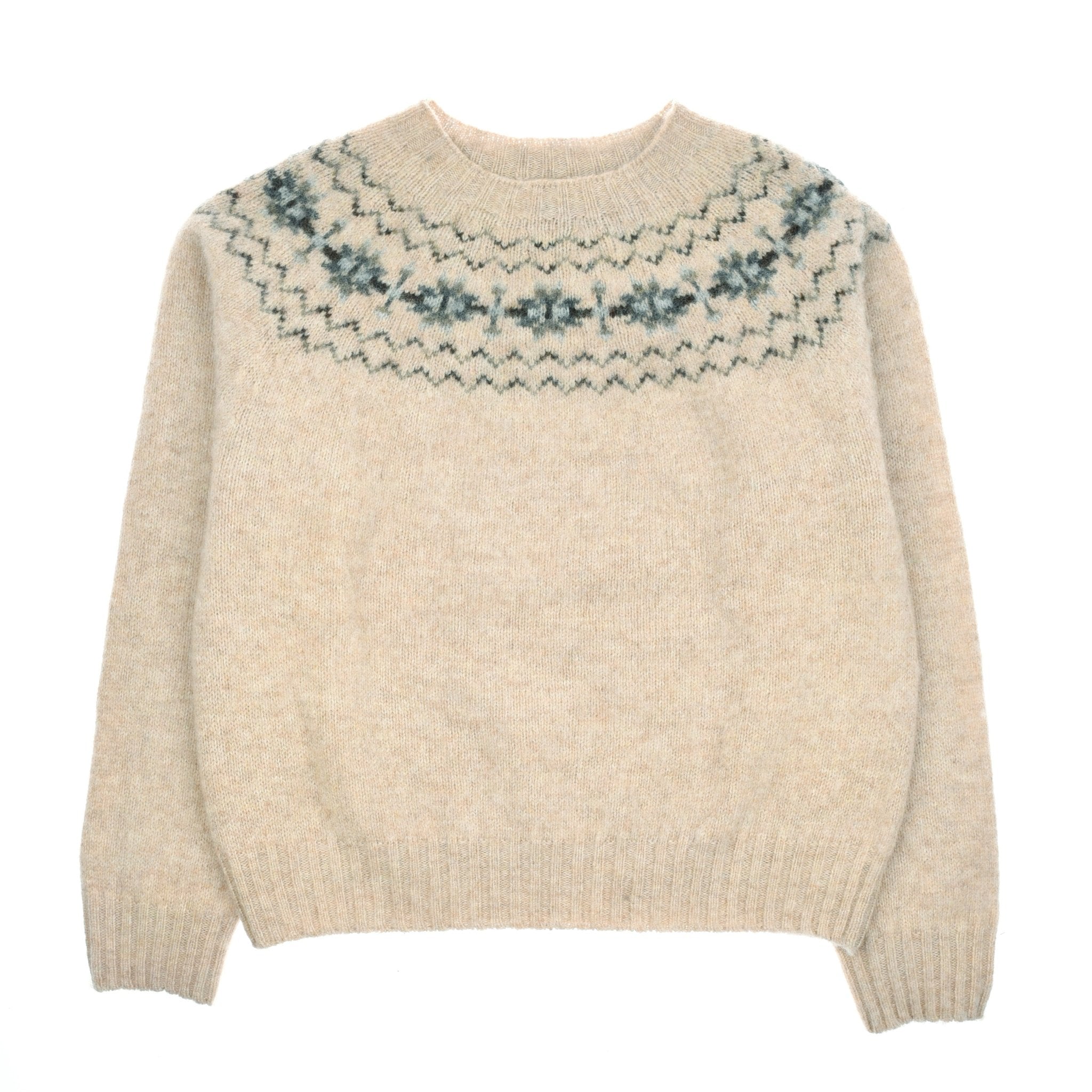 The Cropped Fairisle Crew by Campbells of Beauly is a stone-colored jumper with a round neckline and a patterned yoke in green and blue geometric and floral designs, crafted from Pure New Wool.