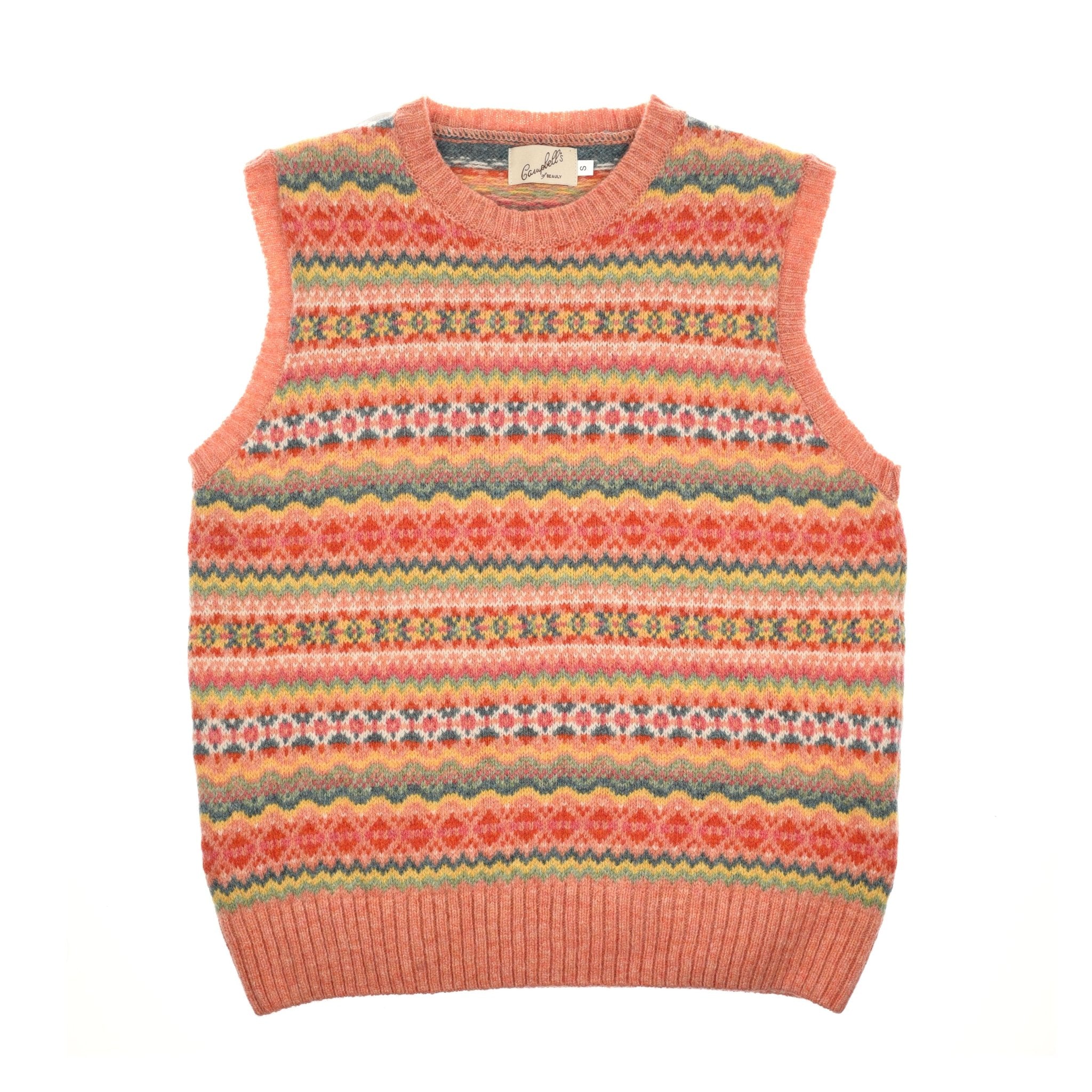 The Fairisle Crew Tank by Campbells of Beauly features a colorful traditional pattern in coral with ribbed hem, armholes, and neckline for a timeless sleeveless knit look.