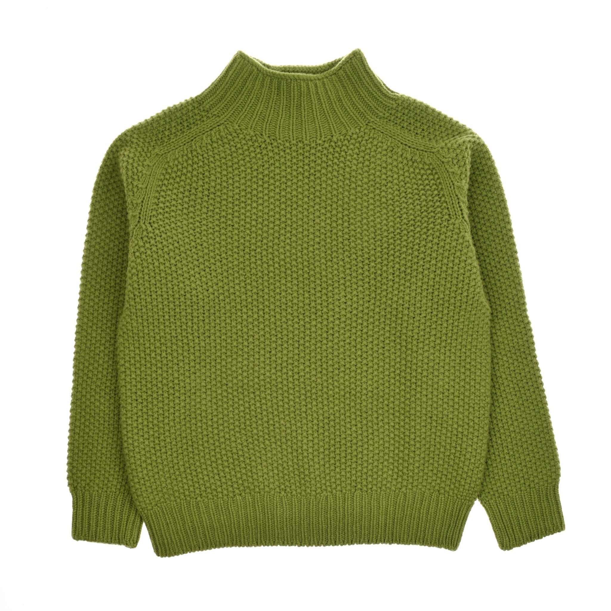 The Campbells of Beauly Chunky Moss Stitch Polo in Piquette is a chunky-knit lambswool sweater with a high ribbed collar, long sleeves, and ribbed cuffs and hem, featuring a subtle moss stitch pattern, shown laid flat on white.