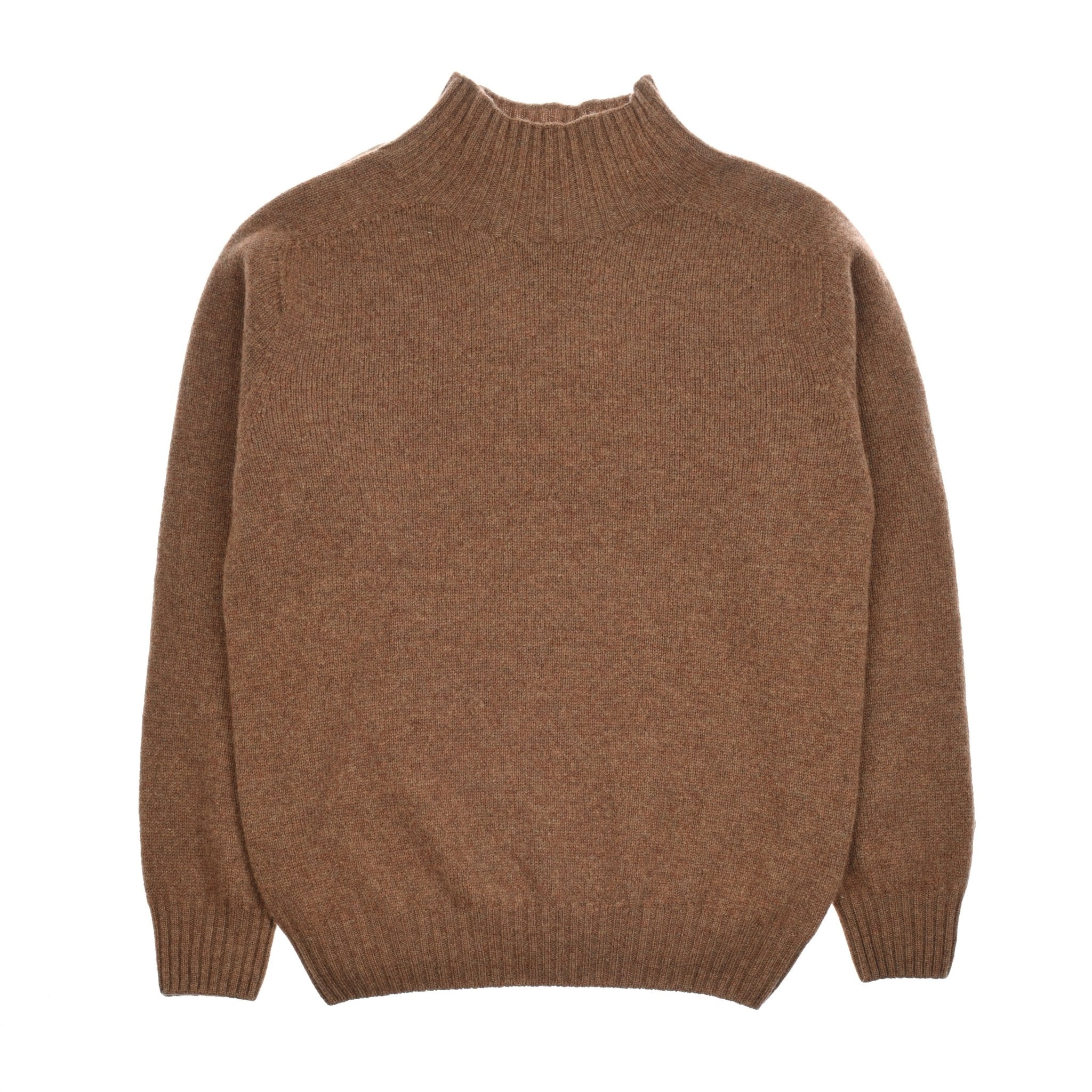 The Auld Stock Geelong Lambswool Funnel Neck Jumper by Campbell's of Beauly in Chestnut features long sleeves, a ribbed funnel neck, cuffs, and hem, shown laid flat on a white background.