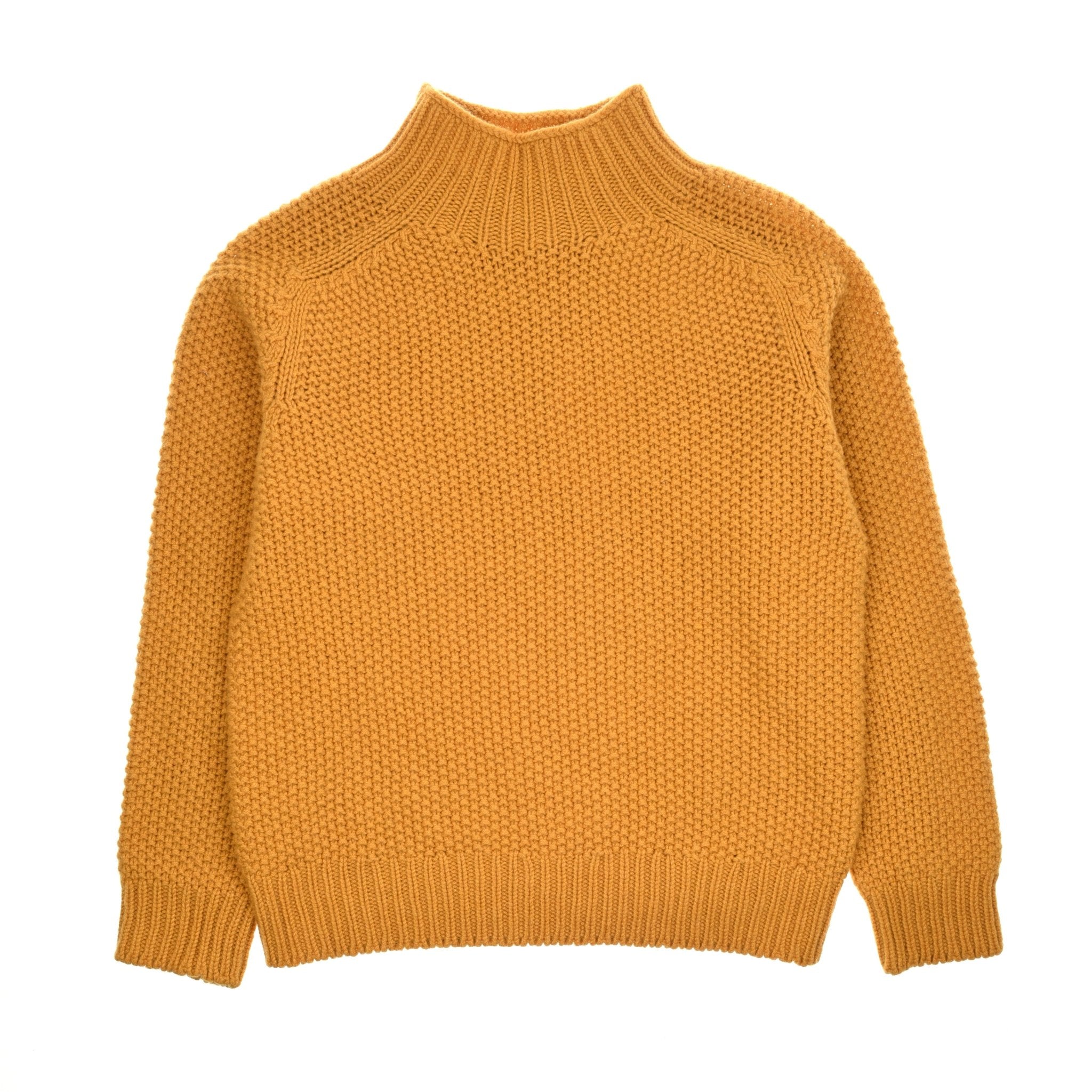 The Chunky Moss Stitch Polo by Campbells of Beauly in ochre features a chunky knit, long sleeves, high ribbed collar, ribbed cuffs and hem, shown laid flat on a white background.
