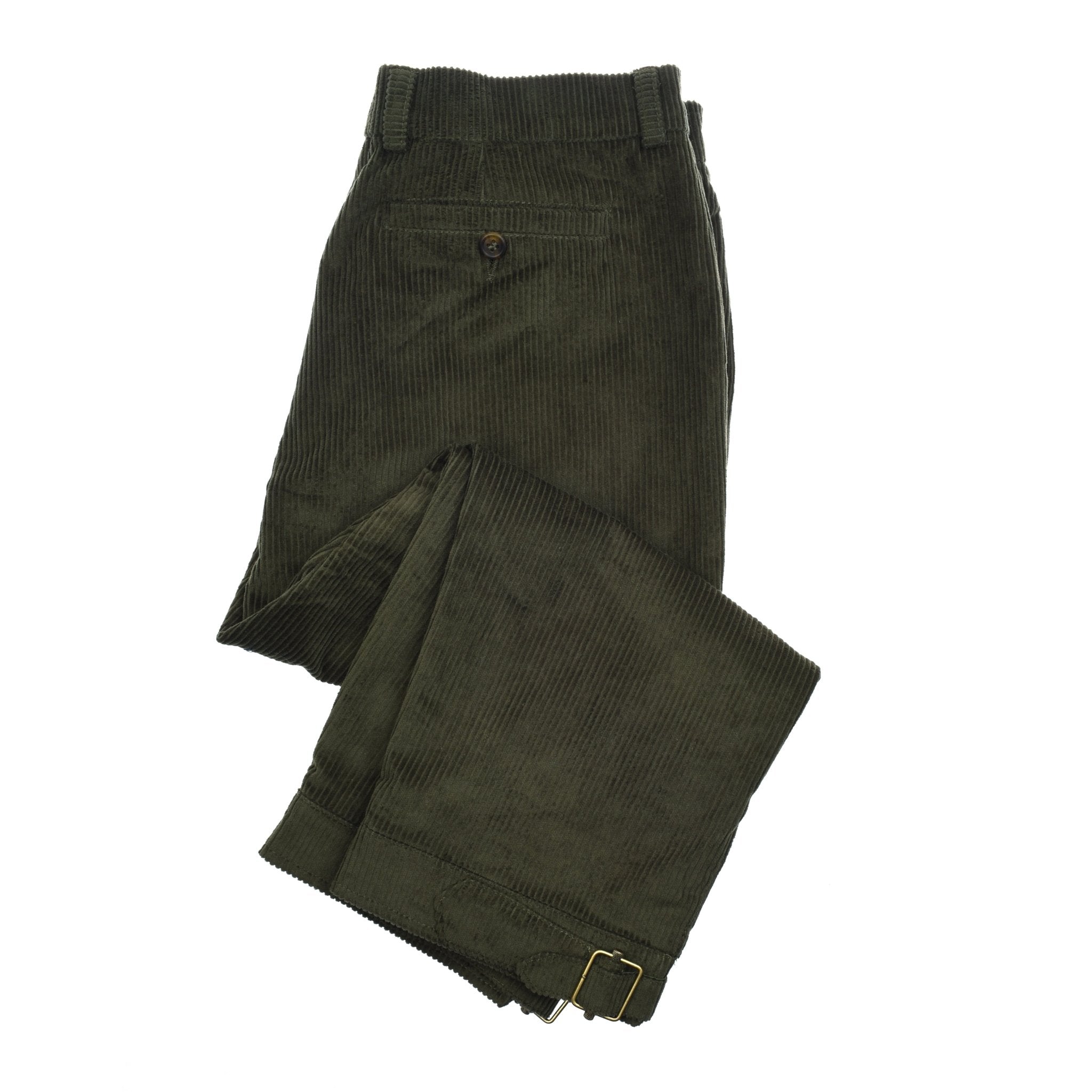 Campbells of Beauly Corduroy Plus Twos in olive green, neatly folded, feature heritage tailoring with a buttoned back pocket, belt loops, adjustable hem buckle, and ribbed corduroy fabric contrasting against a white background.