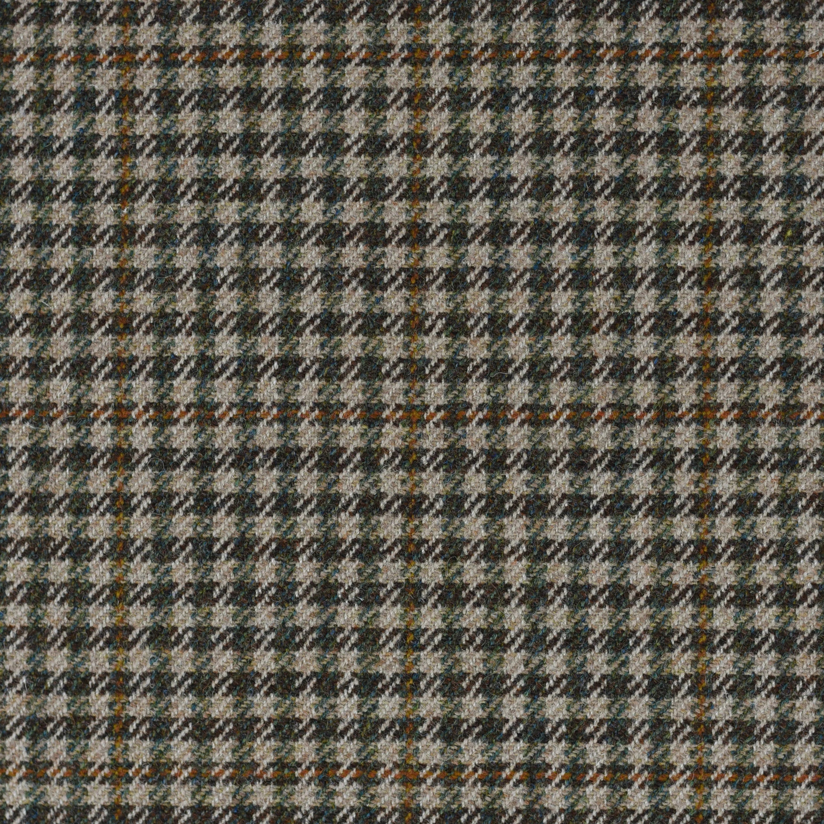 A close-up of House Tweed 71965 by Campbell’s of Beauly—a Scottish Saxony tweed wool with a black, gray, and white houndstooth grid and fine orange and yellow stripes—ideal for bespoke tailoring inspired by the Scottish Borders.