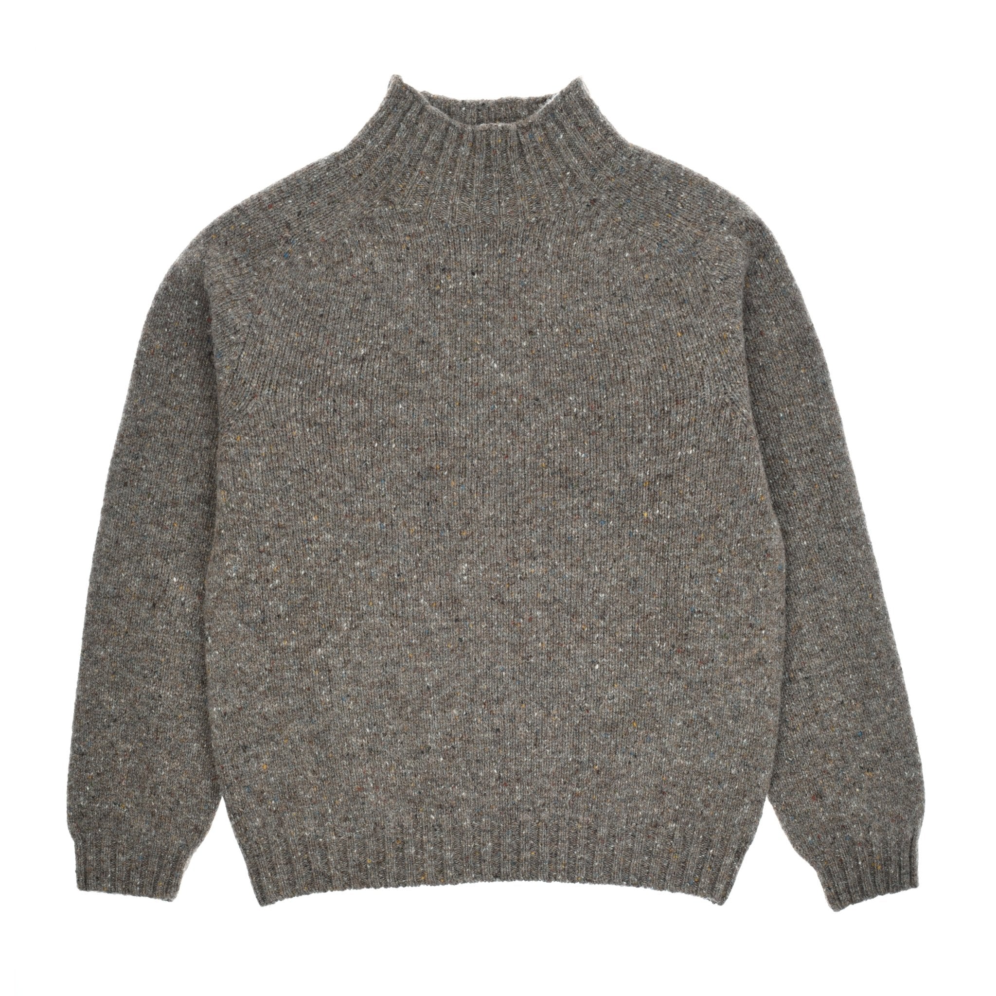 The Campbells of Beauly Donegal Lambswool Funnel Neck in Hazelnut features long sleeves and a ribbed collar, cuffs, and hem, shown laid flat on a white background.
