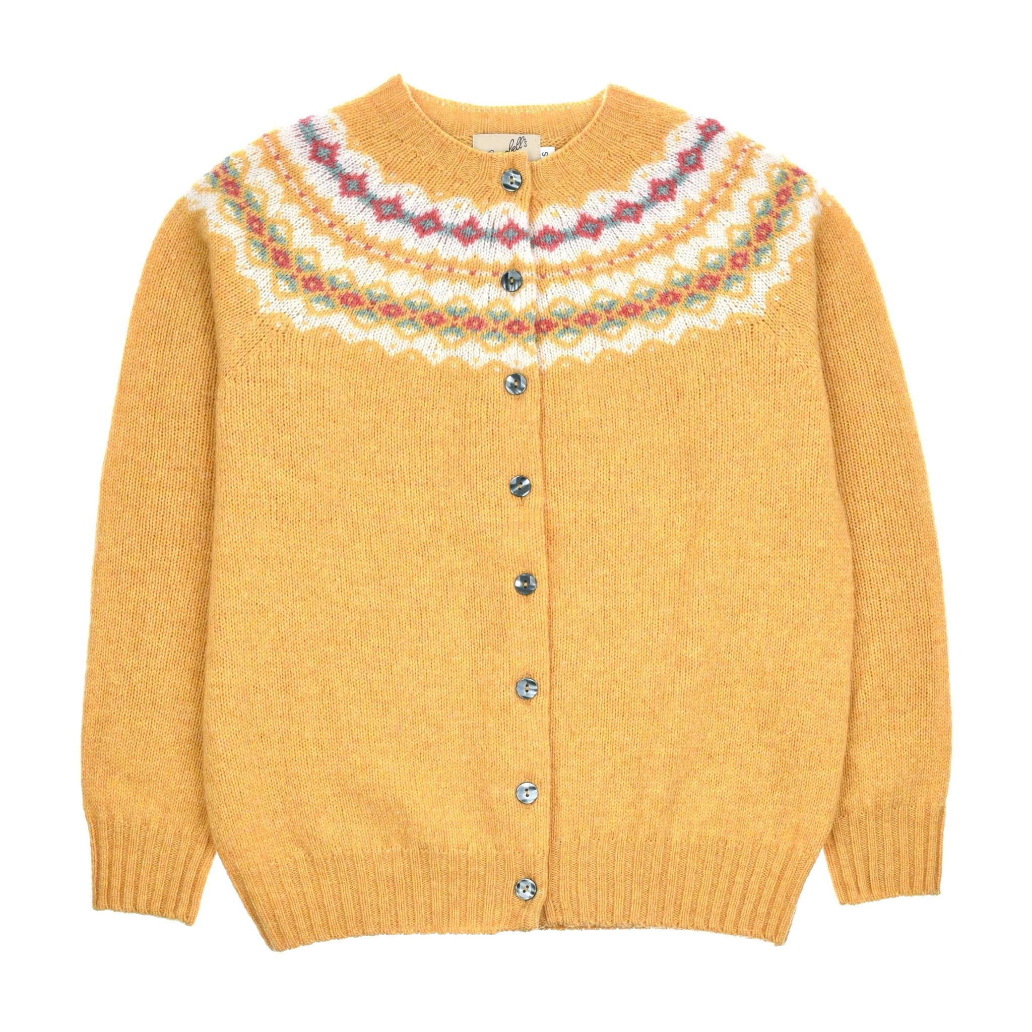Campbells of Beauly Shetland Fairisle Cardigan in mustard yellow features a round neck, front buttons, and a multicolor patterned yoke—classic knitwear made from Pure New Wool.