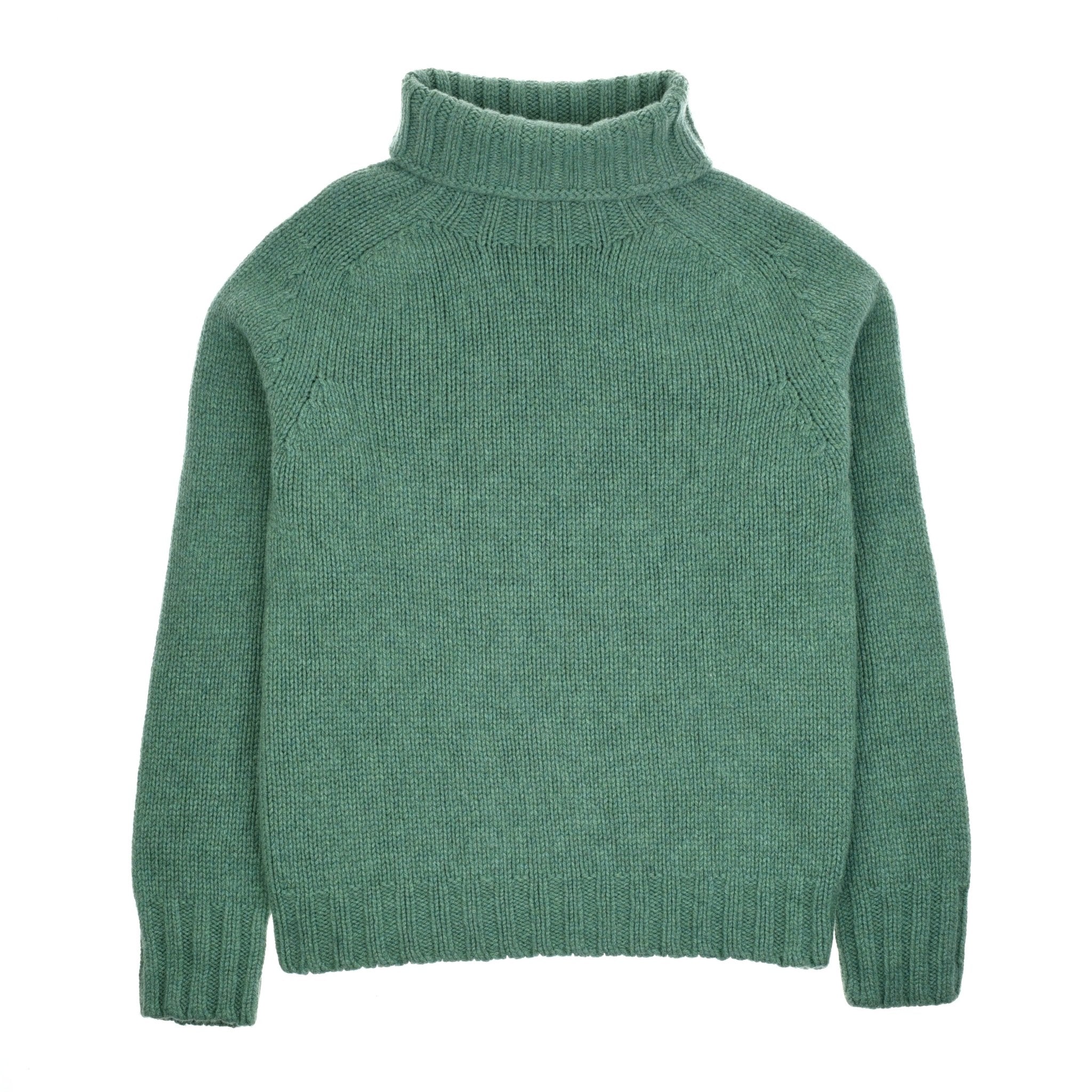 A Campbells of Beauly Chunky Roll Neck Sweater in sage, featuring long sleeves and a chunky knit turtleneck, is laid flat on a white background.