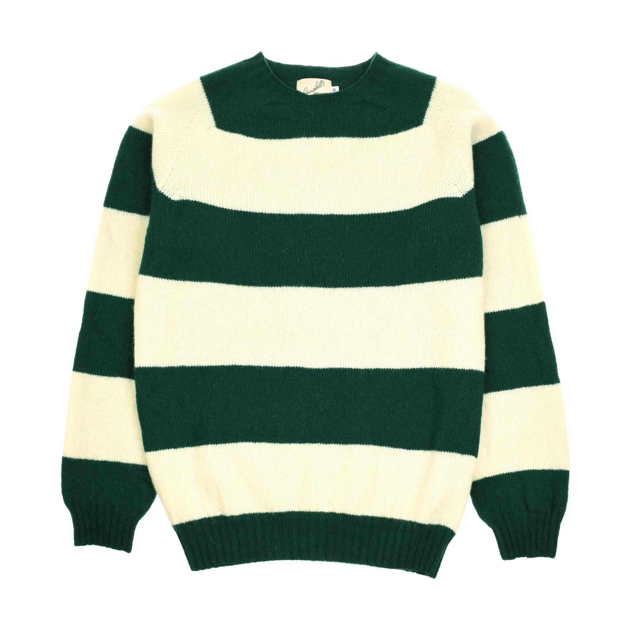 The Auld Stock Shetland Stripe Crew Jumper by Campbell's of Beauly features wide horizontal stripes in tartan green and cream, a crew neck, ribbed cuffs and hem, and is crafted from soft Shetland lambswool for warmth.