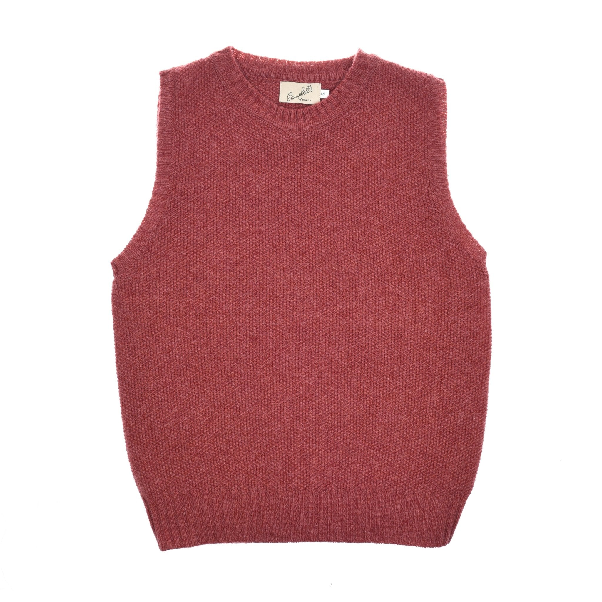 The Moss Stitch Crew Tank by Campbells of Beauly is a sleeveless, knitted sweater vest in rose, crafted with Scottish yarn. It features moss stitch detailing and ribbed crew neck, armholes, and hem. Shown flat on a white background.