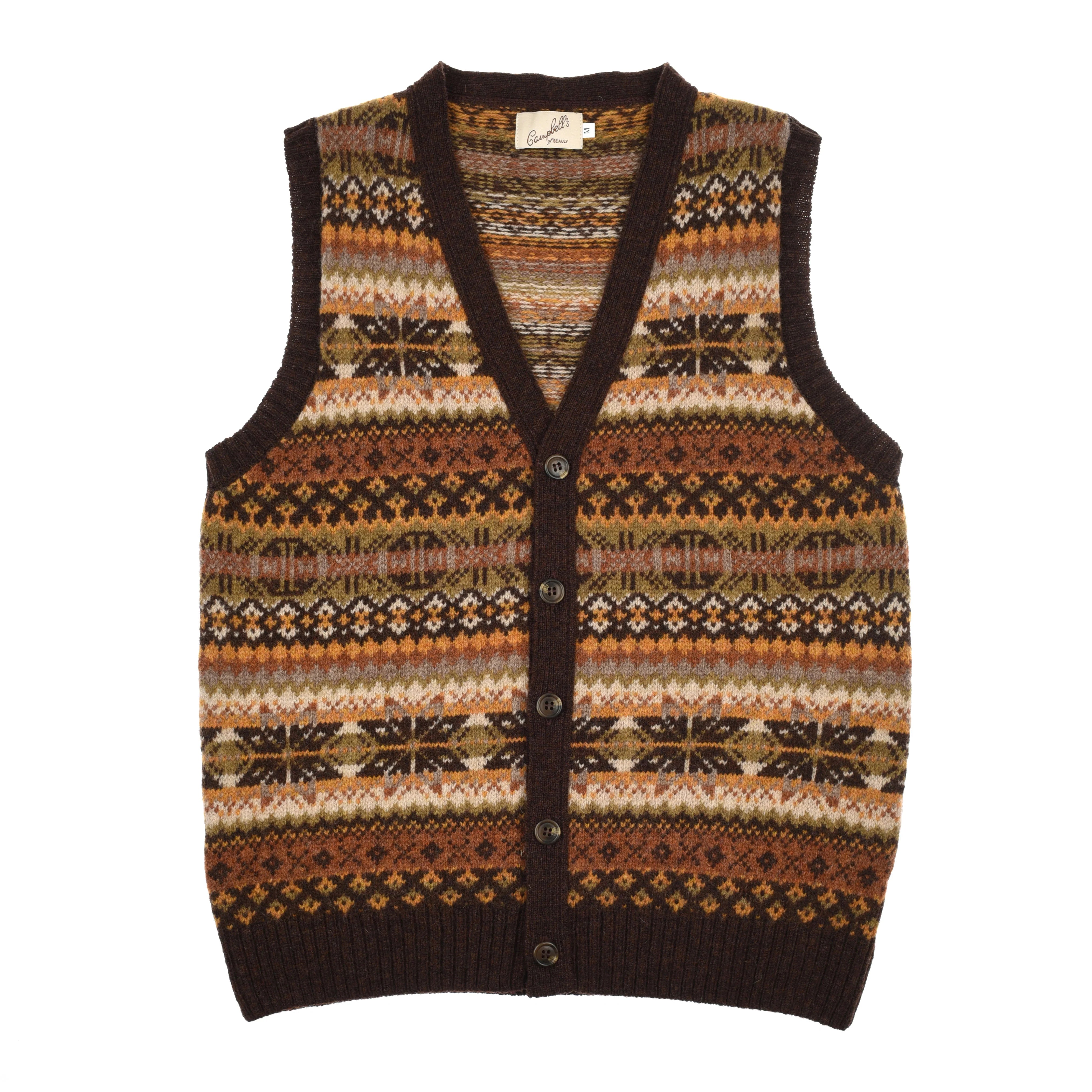 The Fairisle V-Neck Waistcoat by Campbell's of Beauly features a sleeveless design with front buttons, crafted from Shetland wool in a Coffee Fairisle color with a multicolored pattern.