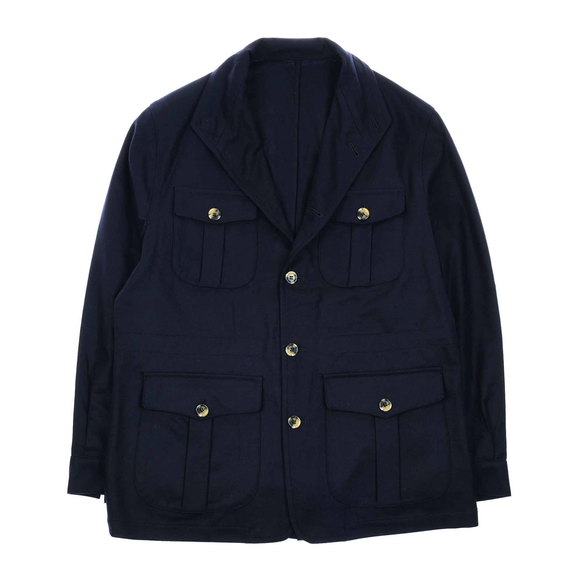 The Campbells of Beauly Field Teba Jacket in navy is a wool Austrian loden button-up inspired by blazer style, featuring gold buttons and four front flap pockets, shown against a white background.