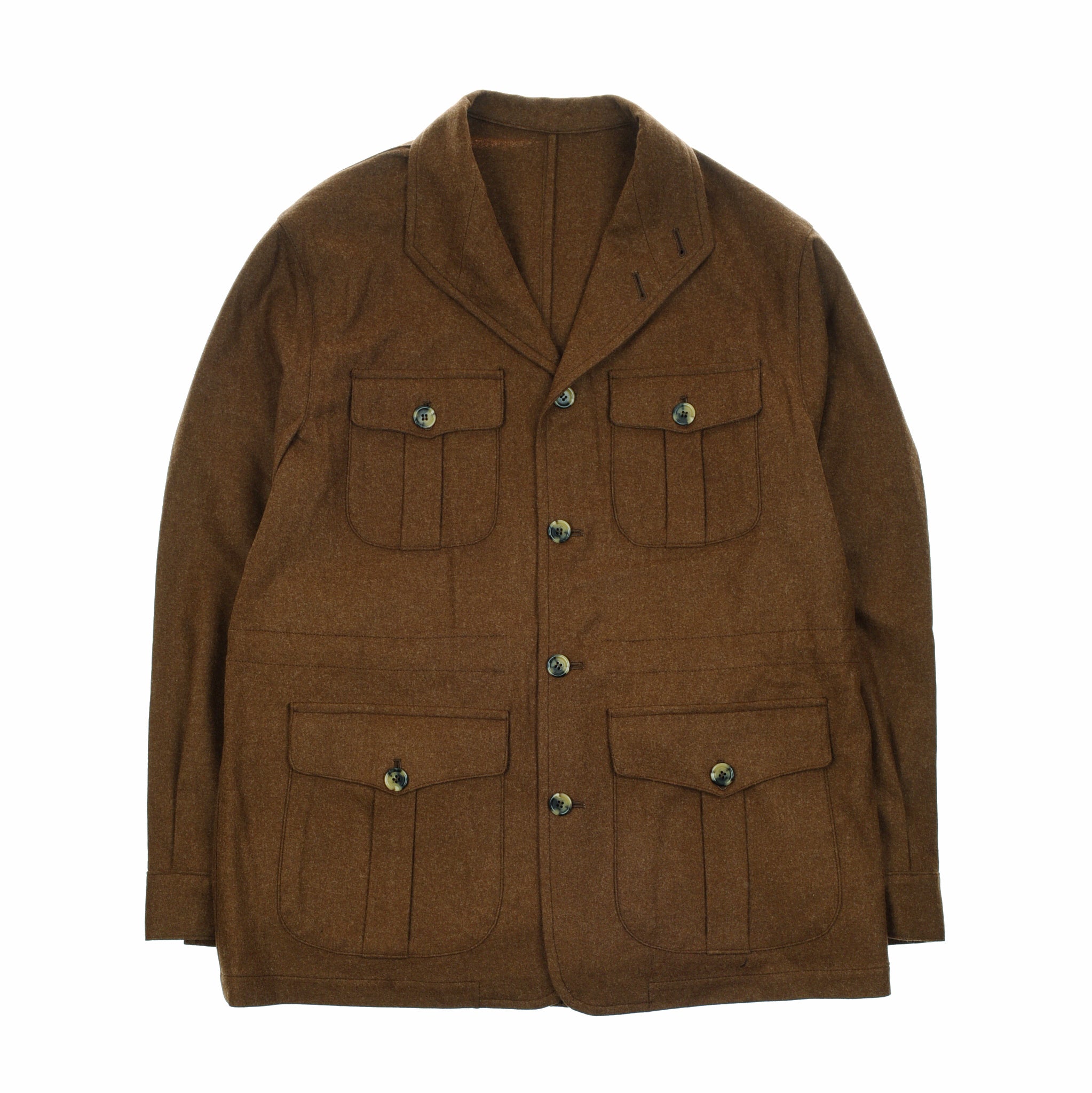 The Campbells of Beauly Field Teba Jacket in brown wool features a notched collar, four front flap pockets with button closures, and a button front. Its tailored silhouette is inspired by the classic Teba Jacket design.