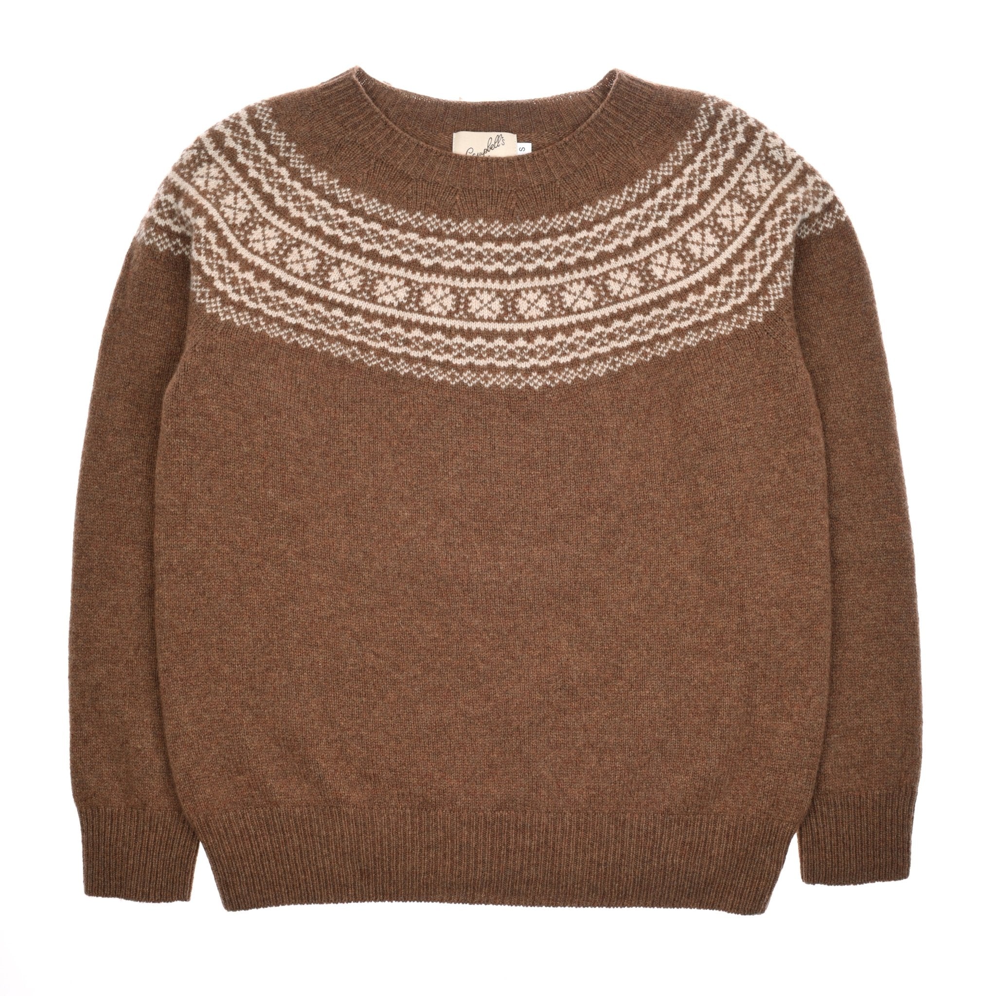 The Chestnut Two-Colour Fairisle Yoke Jumper by Campbells of Beauly features a round neckline and a white and beige Nordic-inspired pattern across the chest and shoulders, echoing classic Scottish knitwear style.