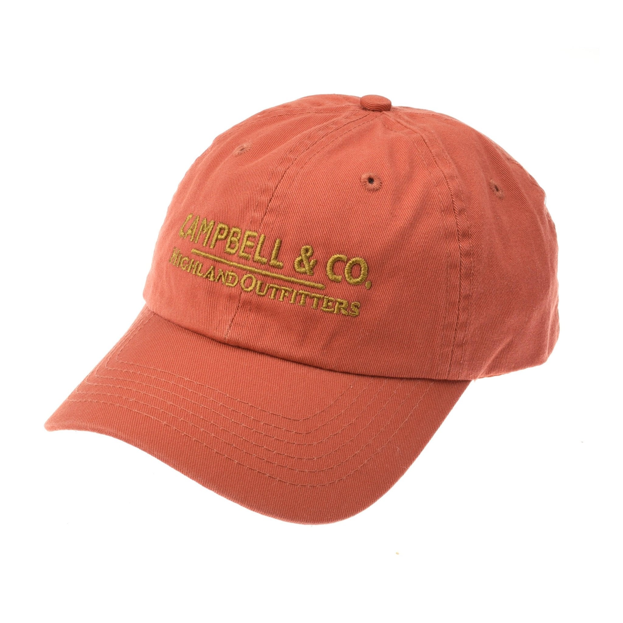 The Campbells Baseball Cap by Campbells of Beauly features ember fabric and yellow CAMPBELL & CO. HIGHLAND OUTFITTERS embroidery on the front, combining comfort and style—shown here on a white background.