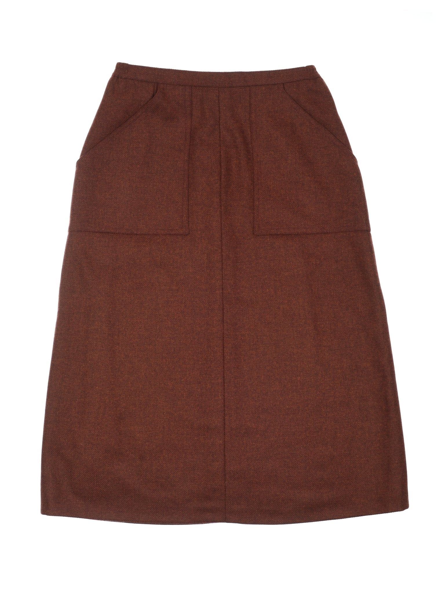A Campbell's of Beauly A-Line Skirt in copper, knee-length British tweed with two large front pockets, shown flat on a white background.
