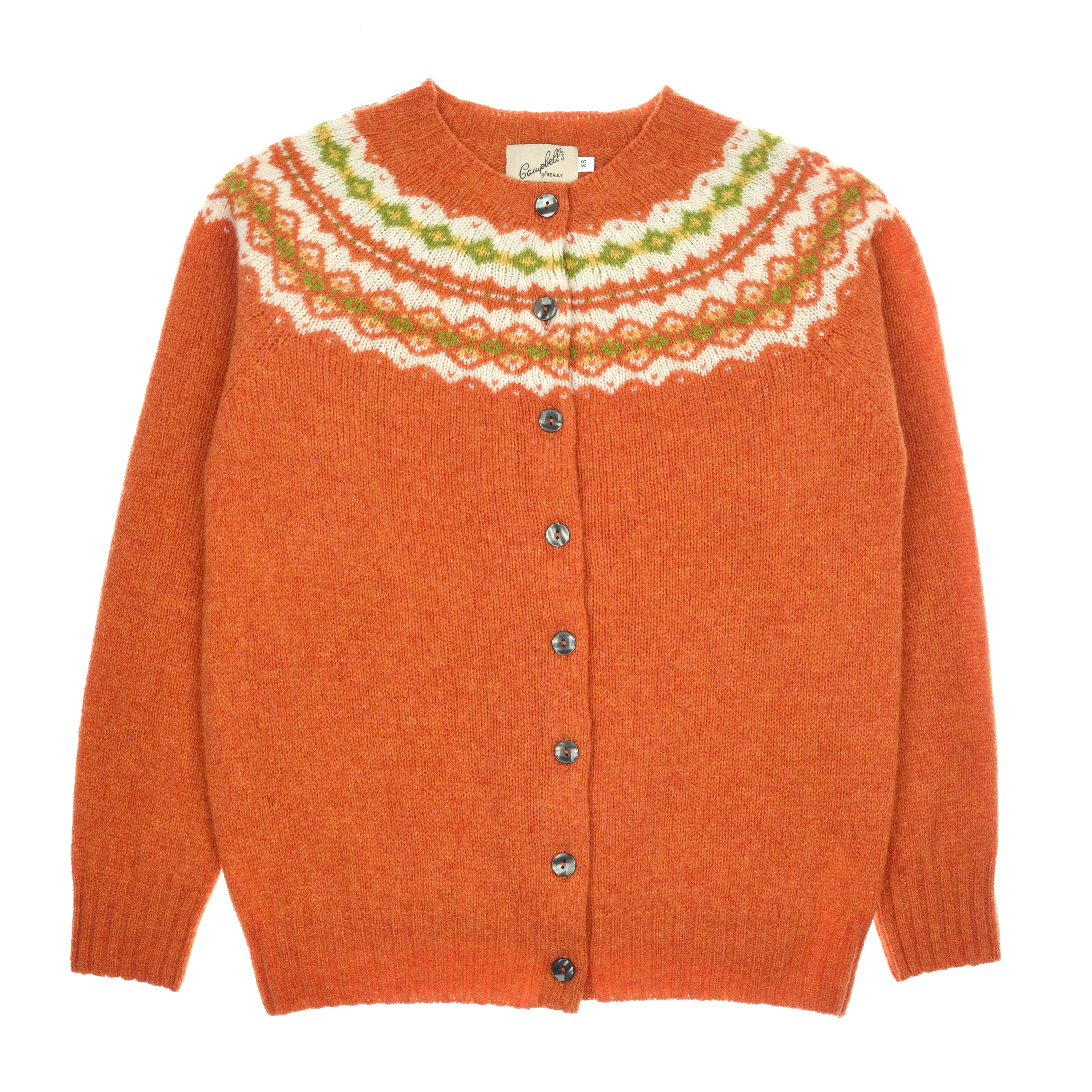 The Campbell's of Beauly Shetland Fairisle Cardigan in tangerine features a round neck, button-down front, and patterned yoke in white, green, and yellow. Made from pure new wool with long sleeves and ribbed cuffs and hem.