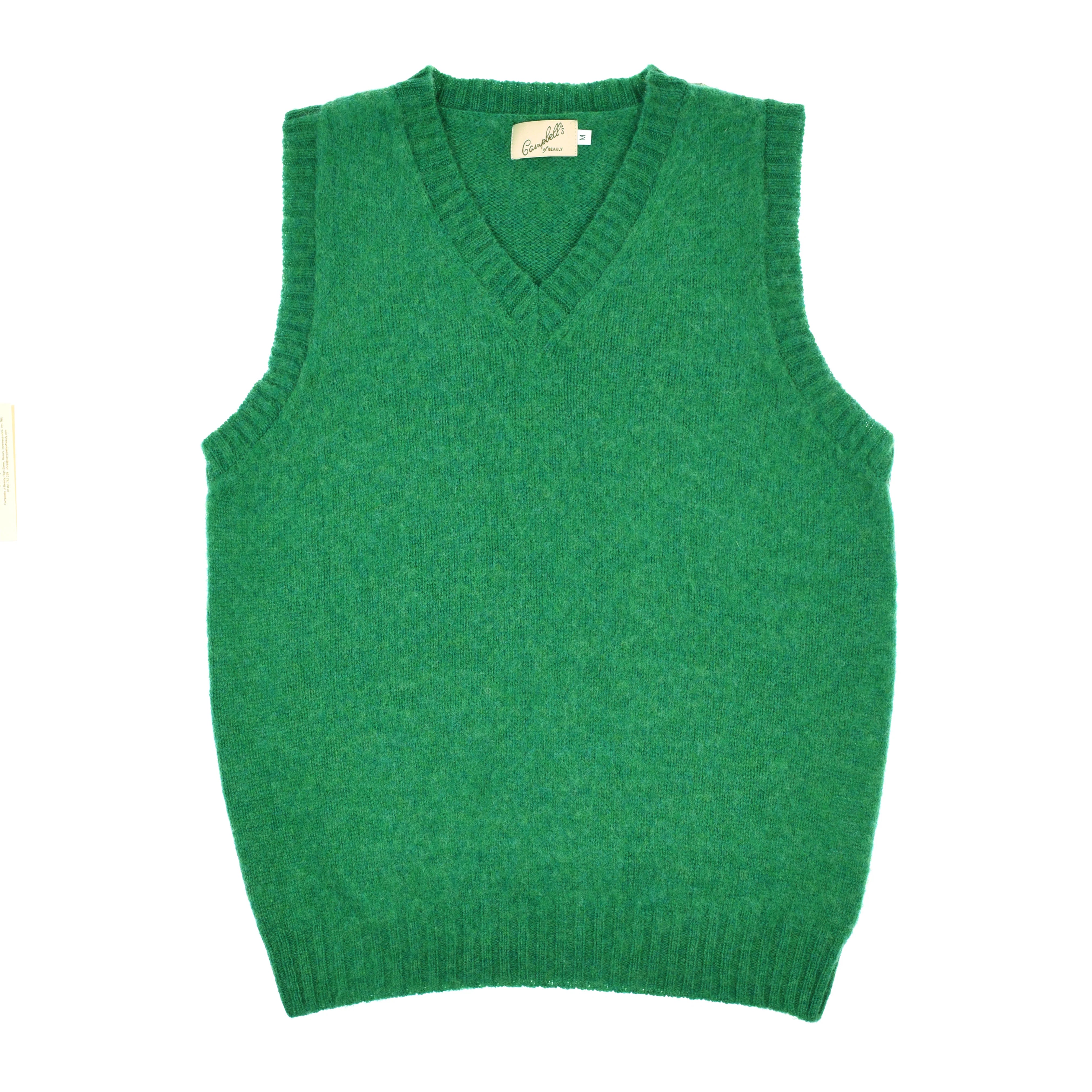 The Campbell's of Beauly Shetland Slipover in Clover is a sleeveless wool vest with a V-neck and ribbed edges, shown laid flat on a white background.