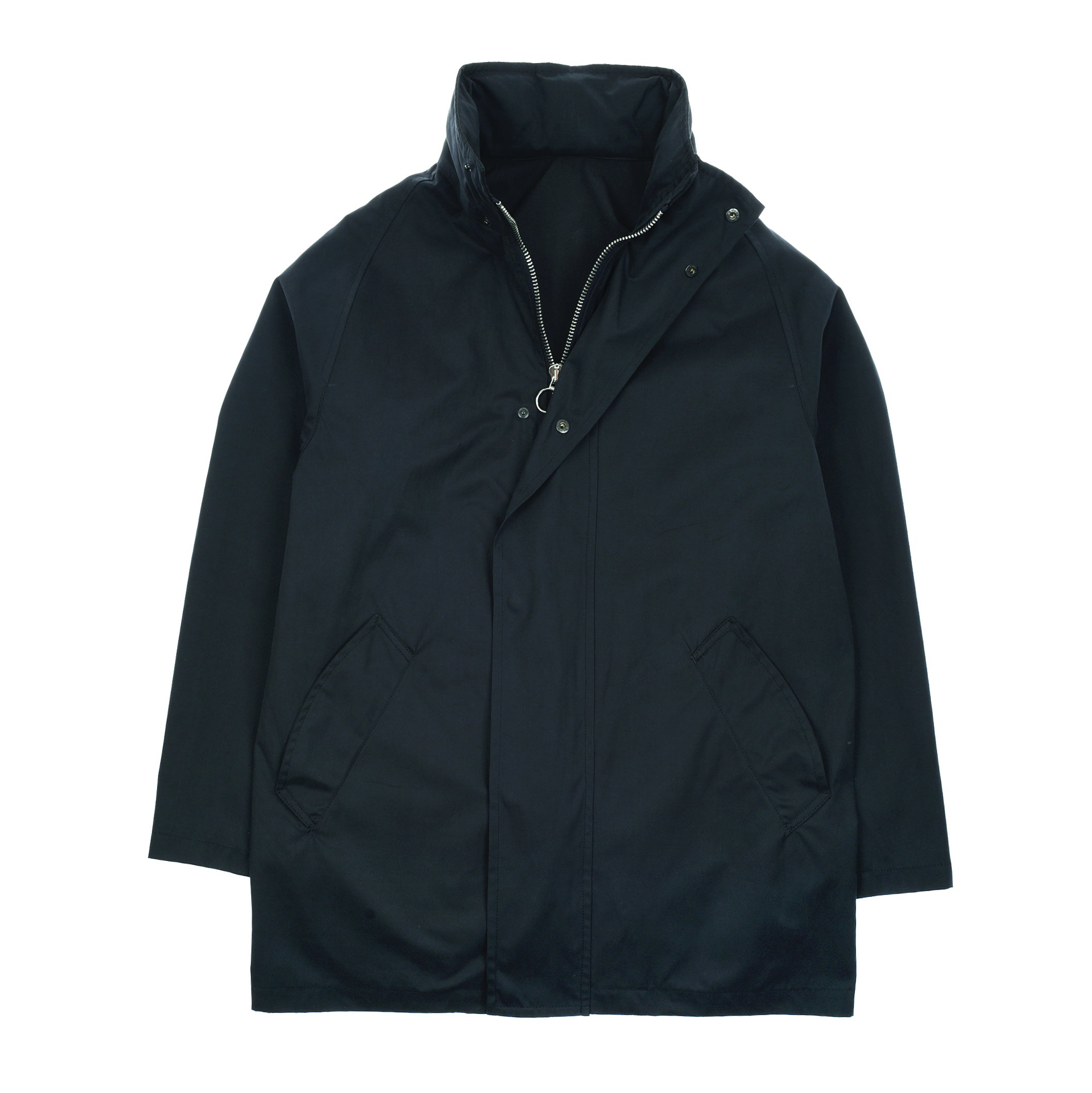 The Mont Coat by Campbells of Beauly is a black, mid-length unisex coat with a high collar, front zipper and snap-button closure, long sleeves, two slanted side pockets, and a smooth minimalist design—perfect for all-year wear.