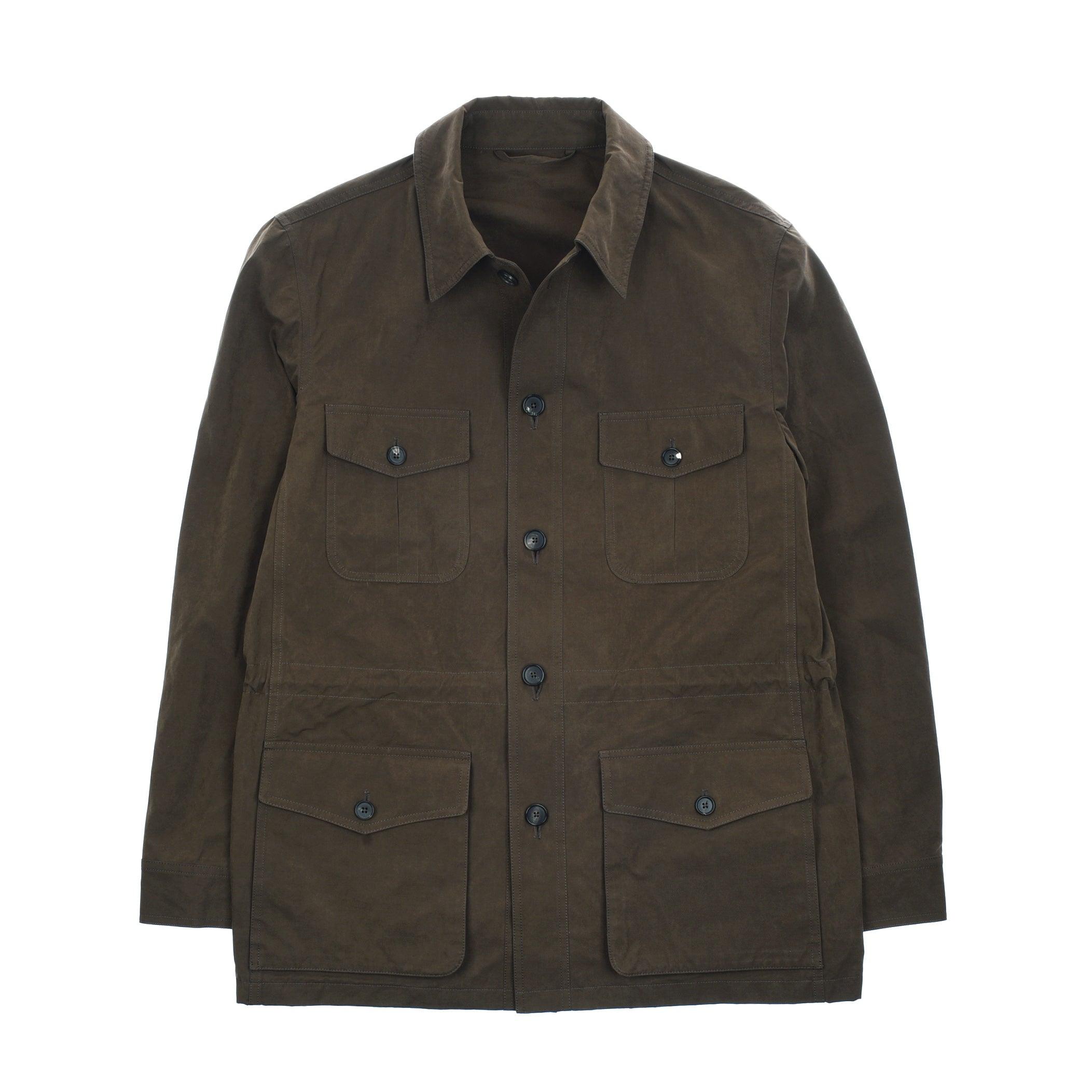 The Campbells of Beauly Aigas Field Jacket in brown features a collar, button-up front, and four front flap pockets, crafted from peach skin fabric and shown against a white background.