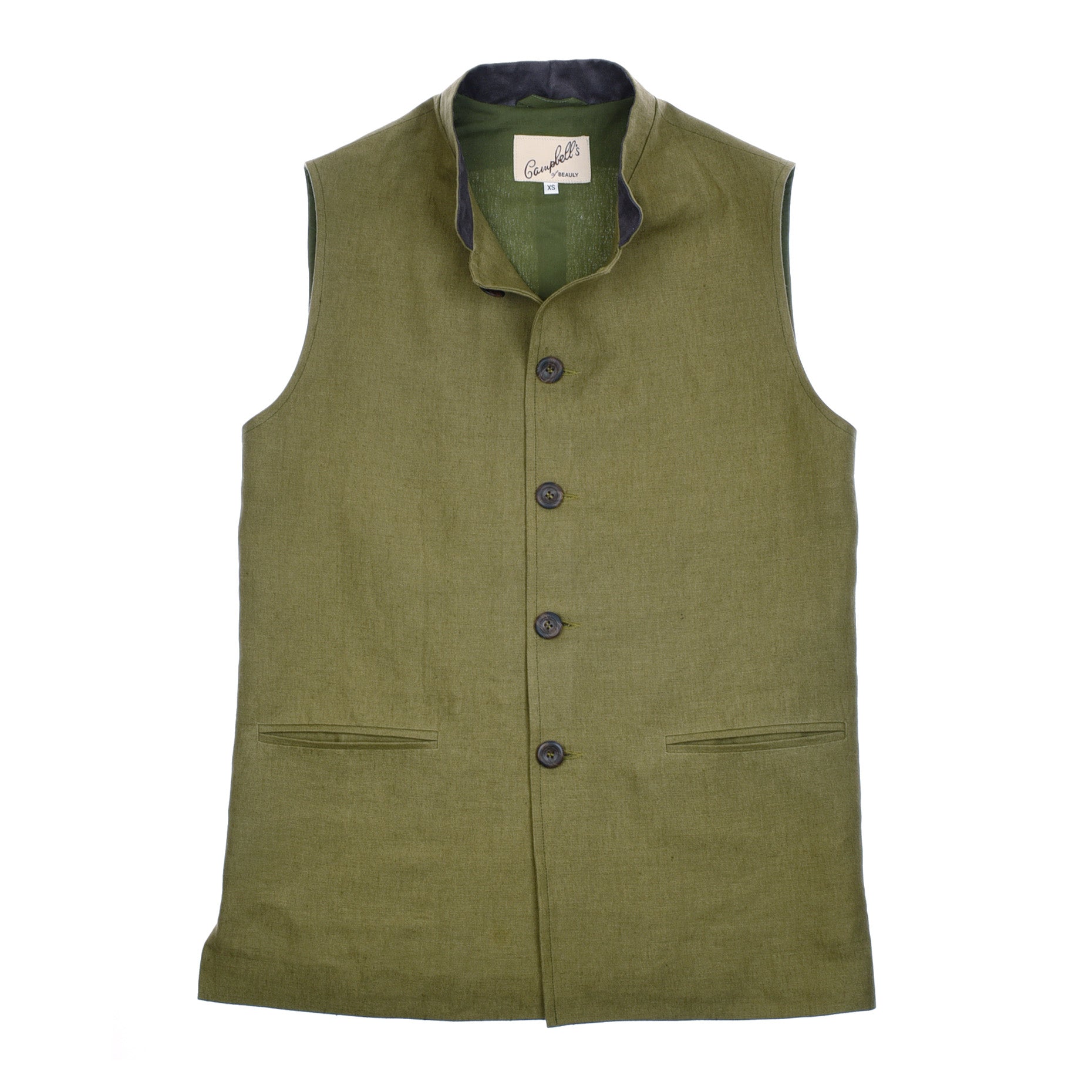 The Linen Nehru Gilet by Campbell’s of Beauly comes in Moss, featuring a high collar, five front buttons, and two horizontal slit pockets—a perfect tailored summer layer. The Campbell’s of Beauly tag appears inside the collar.