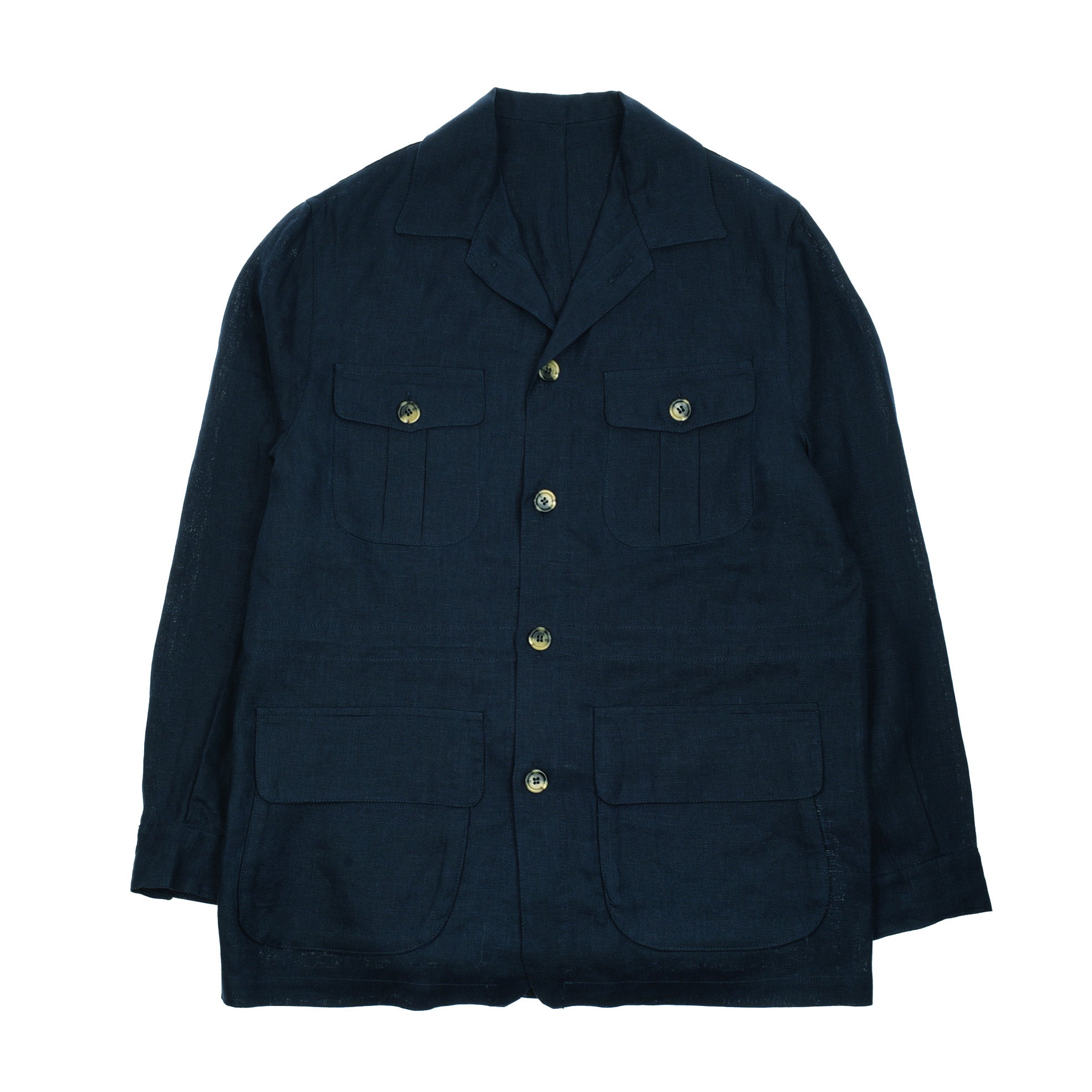 The Campbells of Beauly Linen Safari Jacket in navy, featuring four front pockets and a notched collar, is a stylish, casual layer crafted from breathable linen and shown laid flat on a white background.