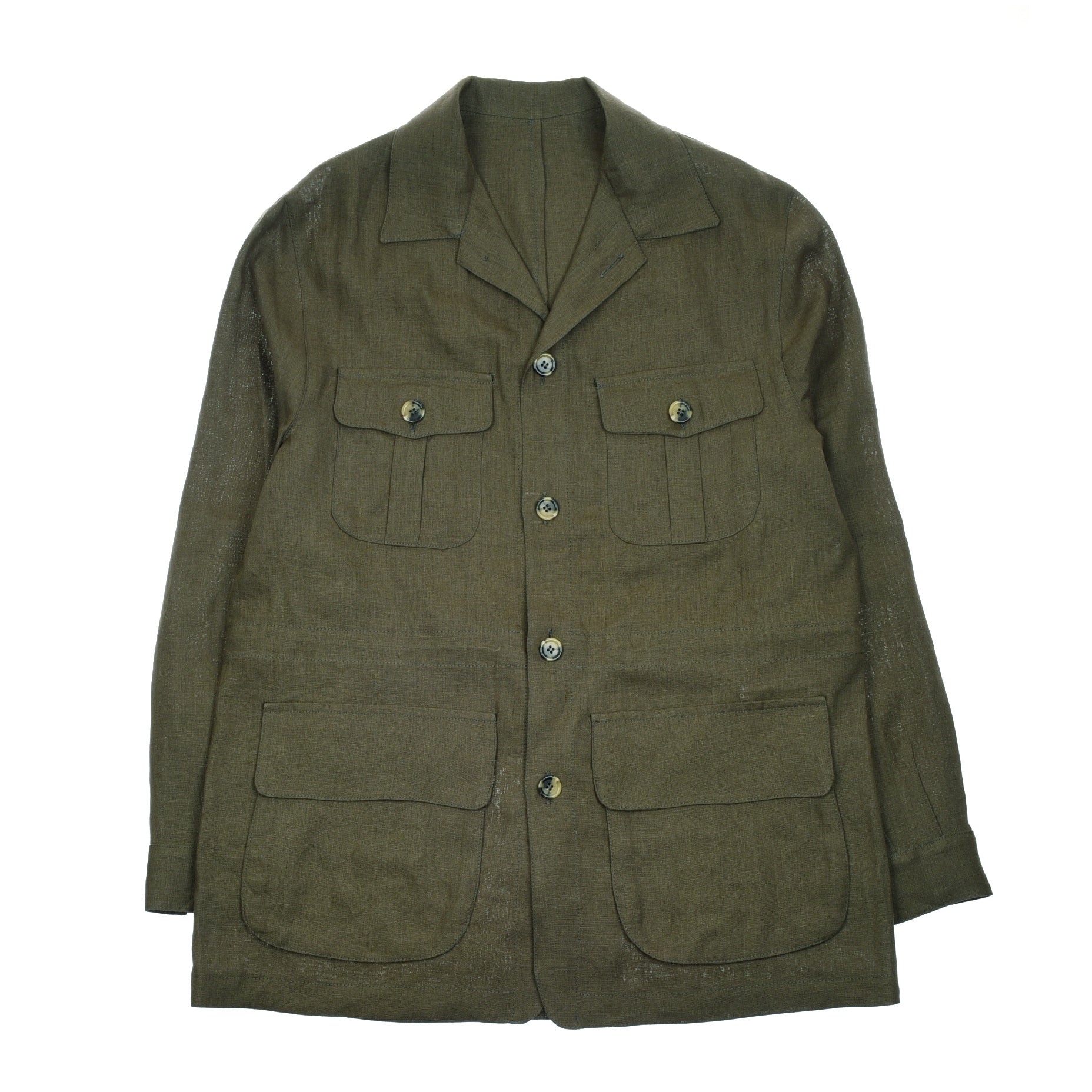 Campbells of Beauly Linen Safari Jacket in hunter green, featuring four front flap pockets, notched lapels, and a button-up front—a breathable linen casual layer for versatile styling.