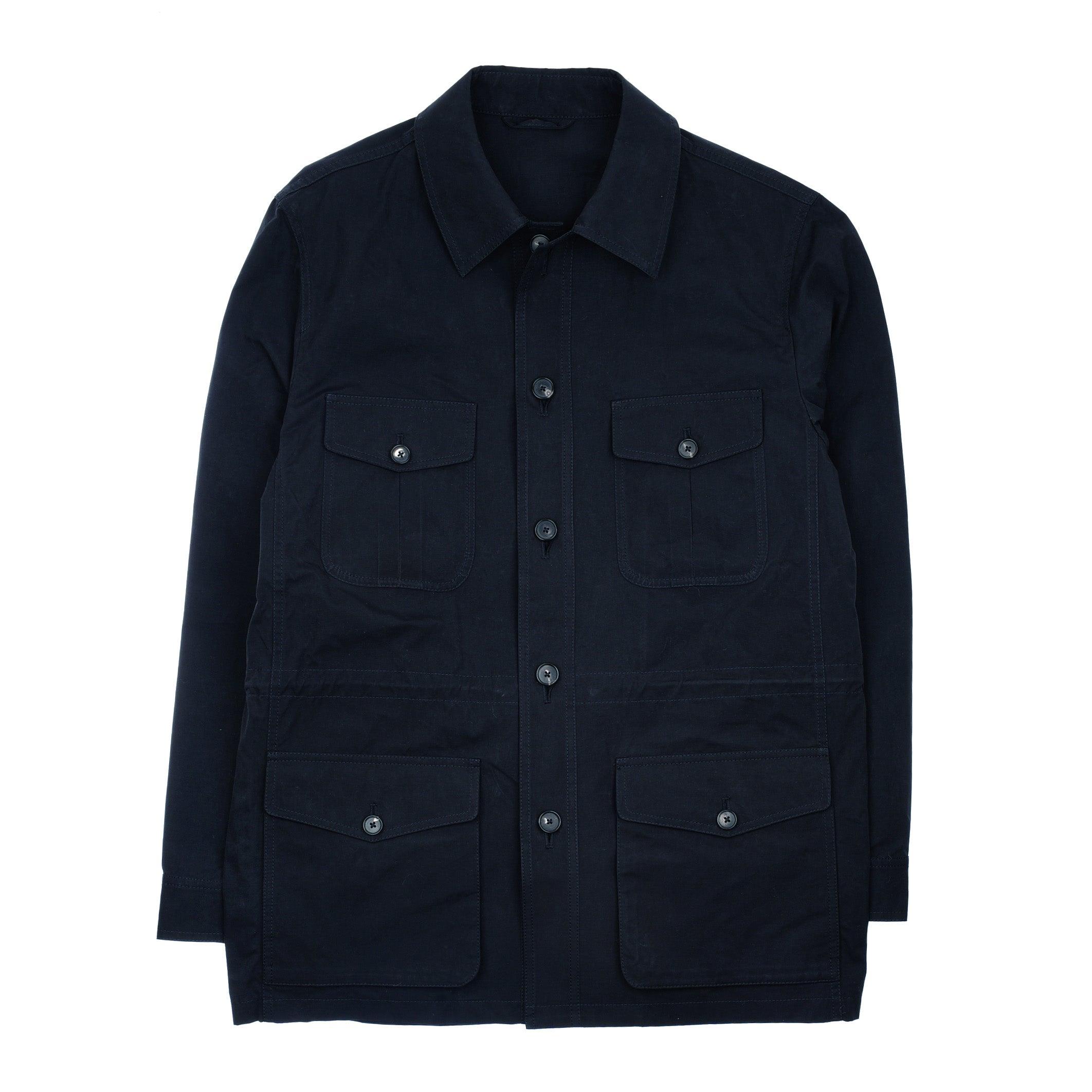 The Campbells of Beauly Aigas Field Jacket in navy features a collar, four front flap pockets, and is crafted from water-repellent peach skin fabric. The jacket is displayed flat on a white background.