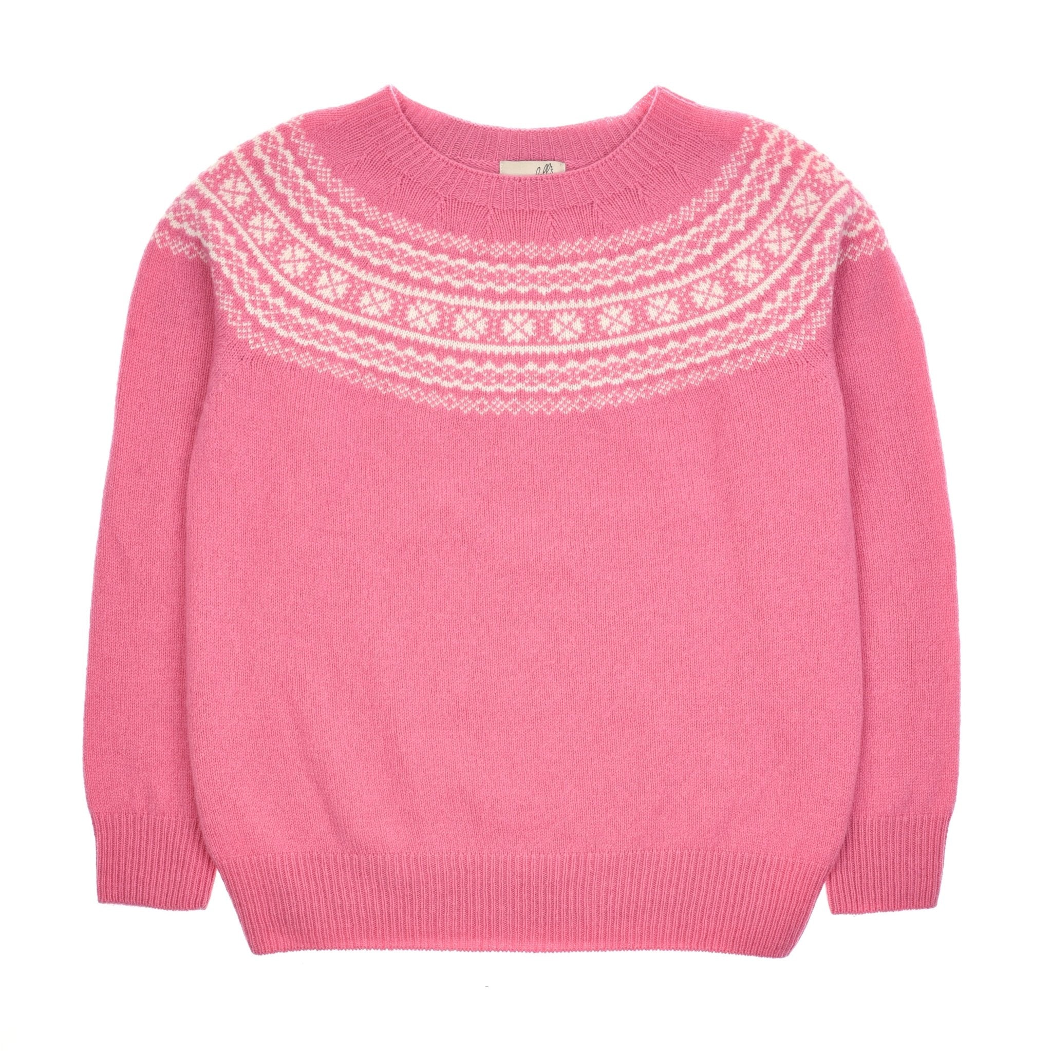 The Campbells of Beauly Two-Colour Fairisle Yoke Jumper in orchid features white patterns on the chest and shoulders, a round neckline, long sleeves, and ribbed cuffs, hem, and collar. Made from soft Geelong lambswool in Scotland.