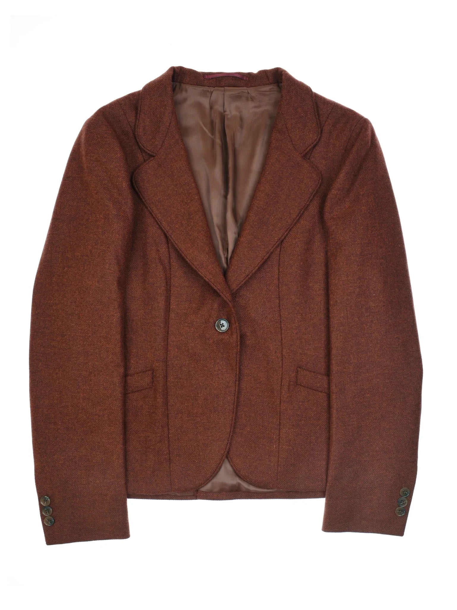 The Auld Stock House Jacket by Campbell's of Beauly is a women's copper herringbone jacket with a single front button, two front pockets, and a notched collar, shown on a plain white background.