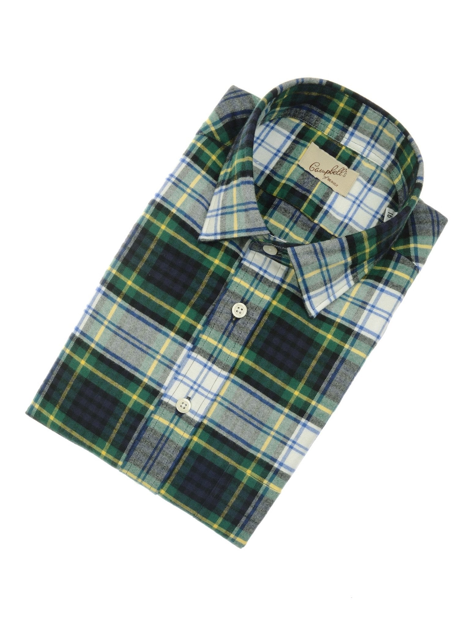 The Campbell's of Beauly Tartan Shirt, crafted from folded brushed cotton in green, blue, yellow, and white tones with a button-down front and classic collar, is displayed on a white background.