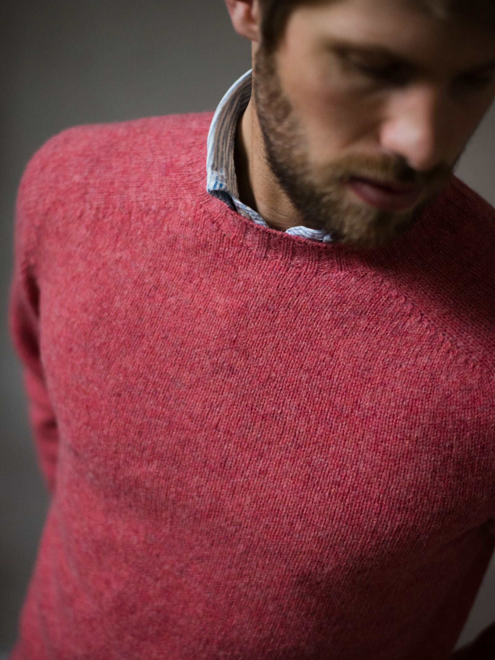 A bearded man wears the Campbells of Beauly Shetland Jumper in a heritage-inspired red over a light collared shirt, looking downward with his upper face out of focus.