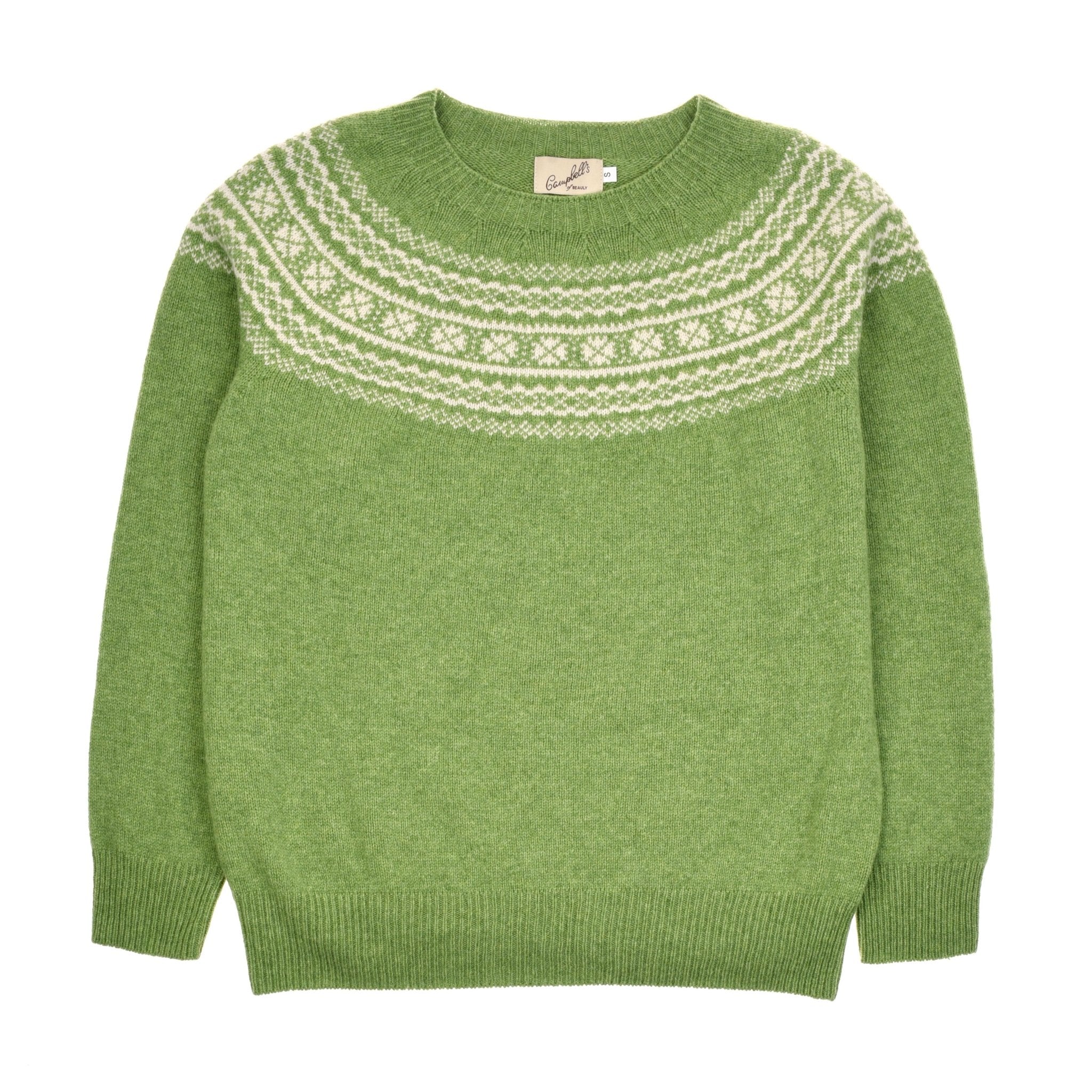 The Campbells of Beauly Two-Colour Fairisle Yoke Jumper in pistachio features a geometric and snowflake-inspired pattern, long sleeves, and a crew neckline—showcasing classic Scottish knitwear tradition.