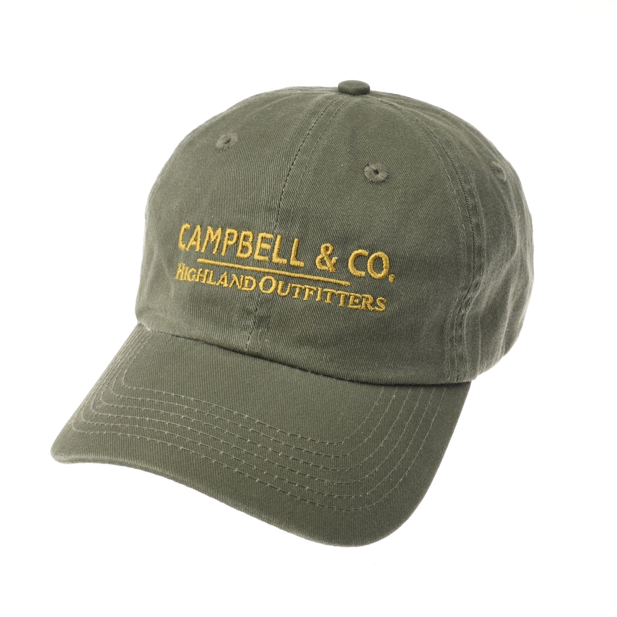 The Campbells Baseball Cap by Campbells of Beauly comes in olive with yellow CAMPBELL & CO. HIGHLAND OUTFITTERS embroidery, a curved brim, and visible stitching for everyday comfort and style.