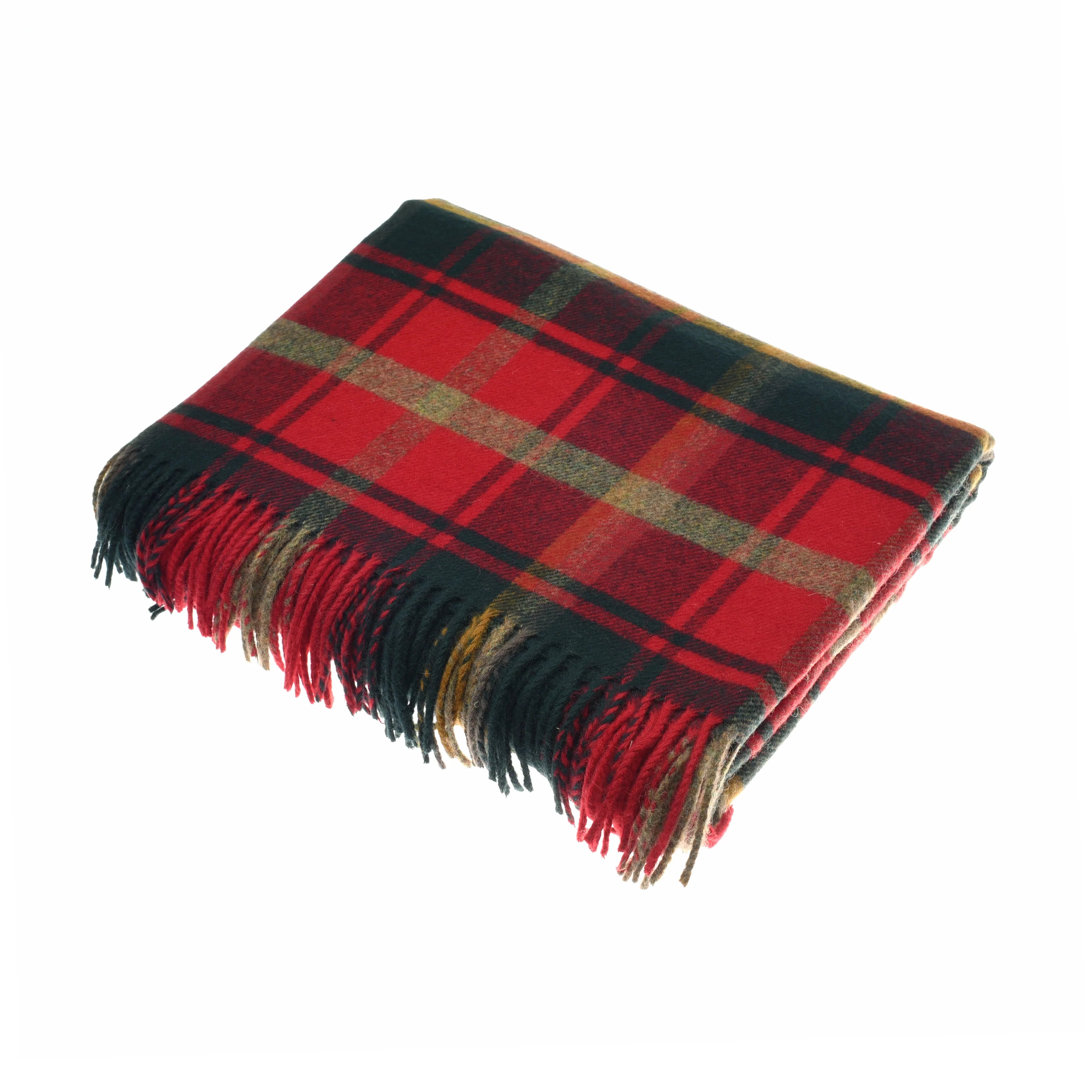 The Lambswool Tartan Blanket by Campbell's of Beauly is crafted from Yorkshire lambswool and features a red, black, and green plaid with fringed edges, shown on a white background.