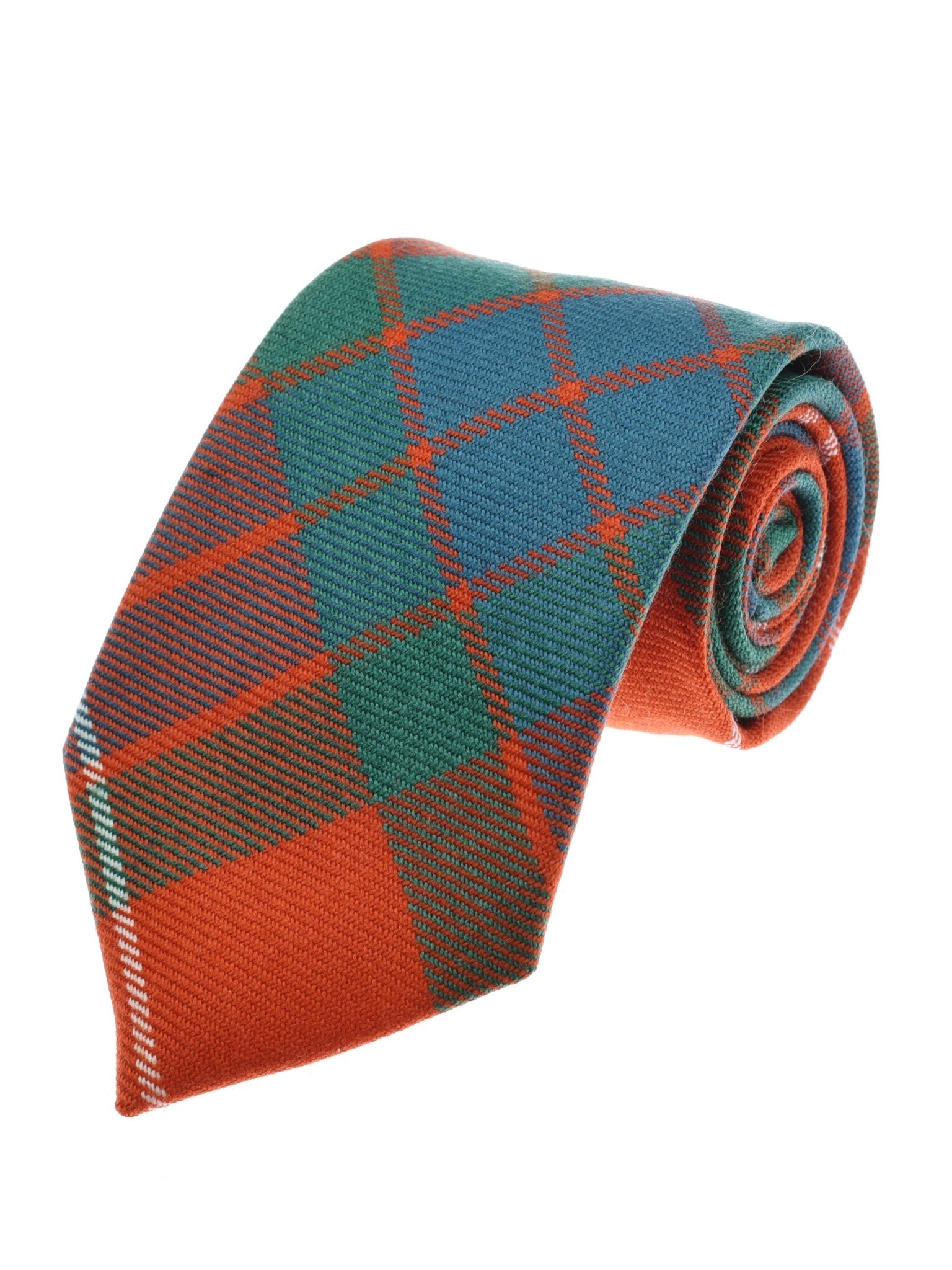 The Campbells of Beauly Tartan Tie features a rolled-up plaid design in orange, green, and blue. Perfect for formalwear, it is showcased on a white background.