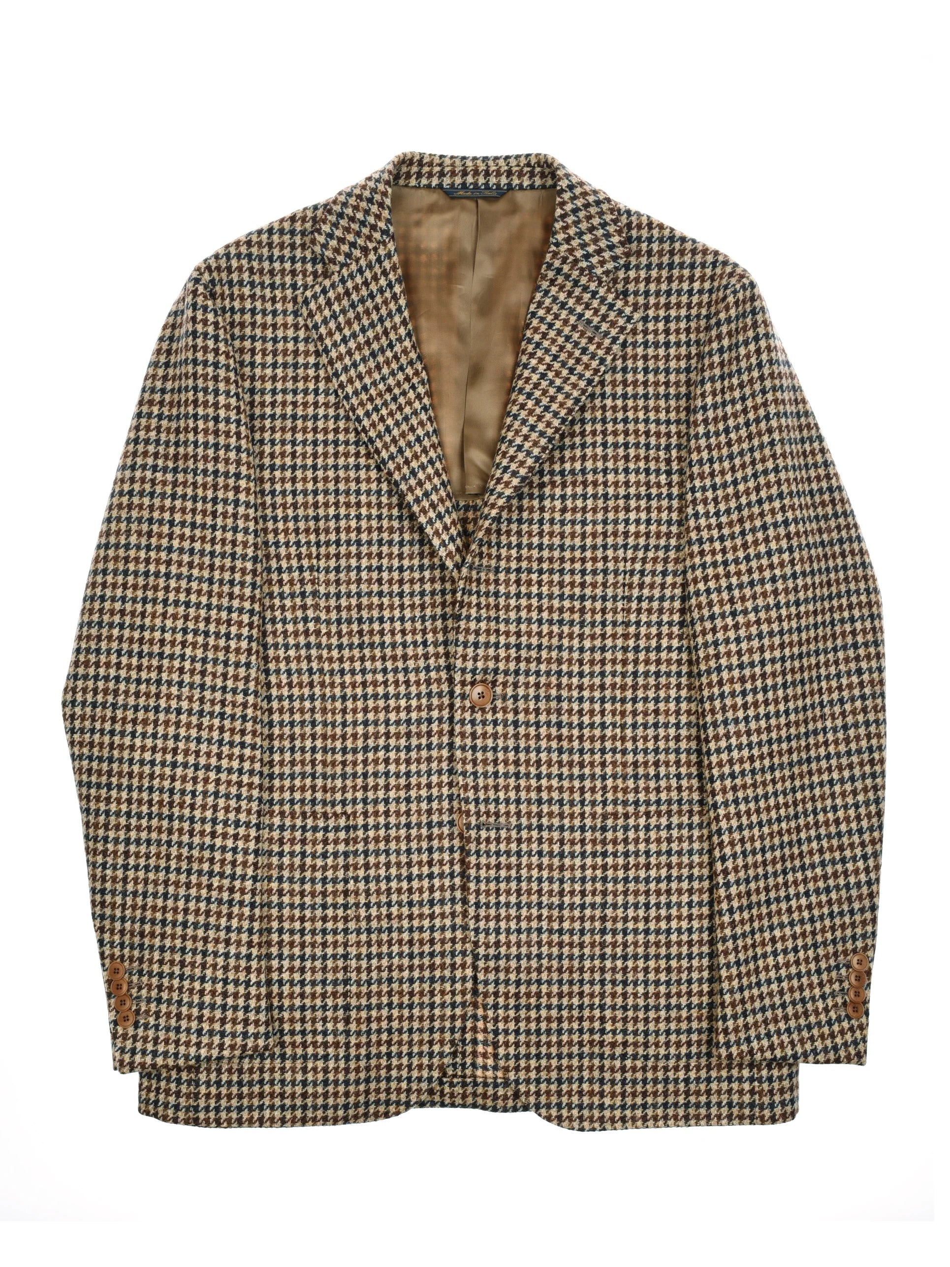 The Campbell's of Beauly Gun Club Tweed Jacket in navy and brown features a houndstooth pattern, two front buttons, and buttoned cuffs, displayed flat on a white background.