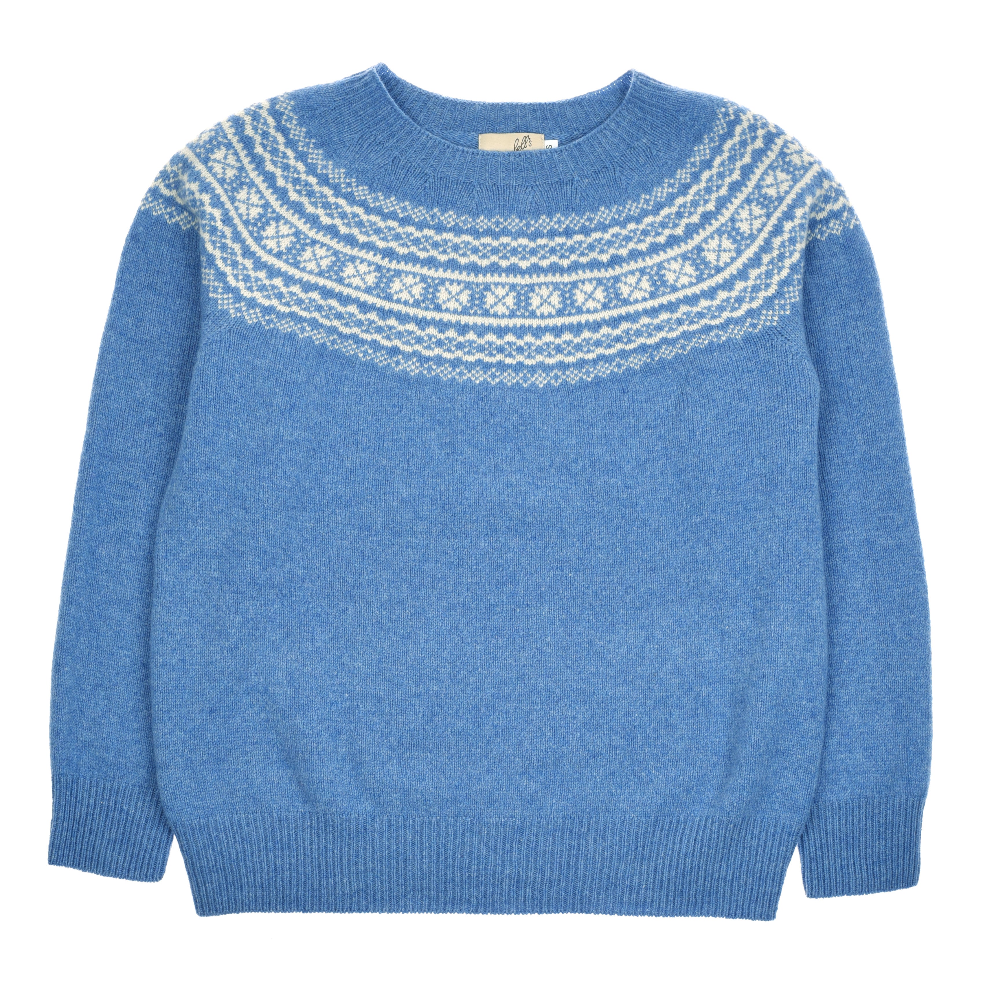The Two-Colour Fairisle Yoke Jumper by Campbells of Beauly is crafted from superfine Geelong lambswool with long sleeves, a round neck, ribbed cuffs and hem, and a white geometric Scottish pattern across the chest.