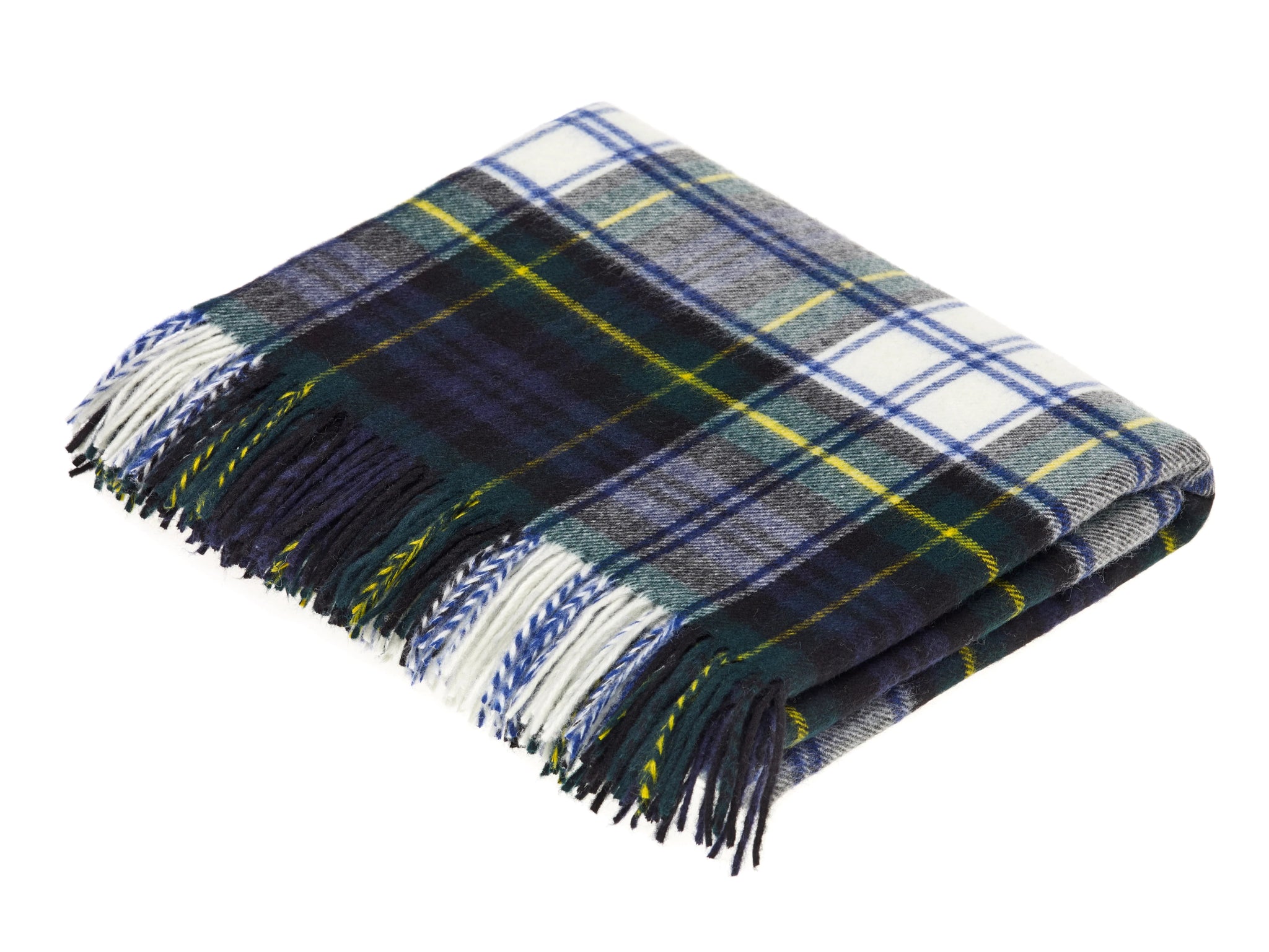 The Campbell's of Beauly Lambswool Tartan Blanket is a soft lambswool throw with blue, green, yellow, gray, and white plaid stripes and fringe edges—crafted in Yorkshire for cozy comfort.
